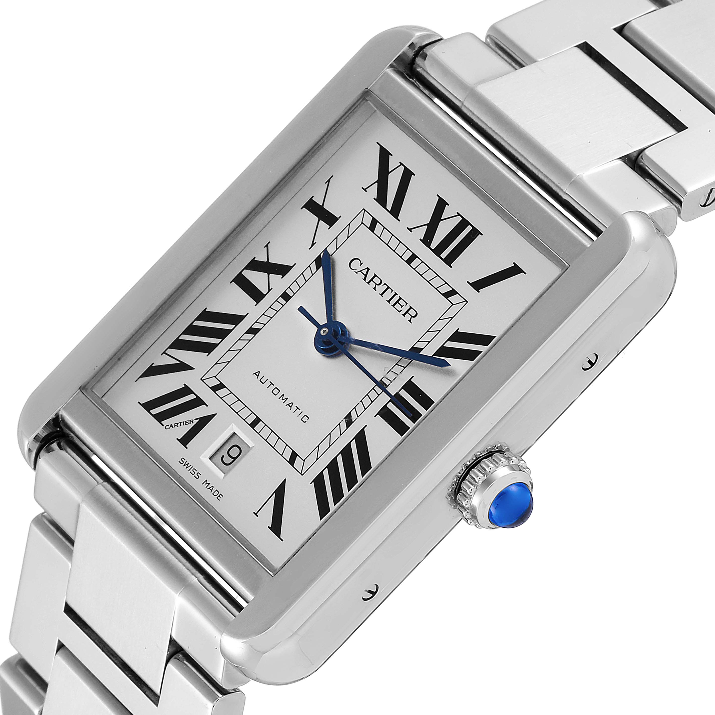 This image shows a close-up, angled view of the Cartier Tank Solo W5200028 Men's Stainless Steel Silver Dial W5200028 Men's Stainless Steel Silver Dial watch, displaying its face, Roman numerals, hands, crown, and part of the bracelet.