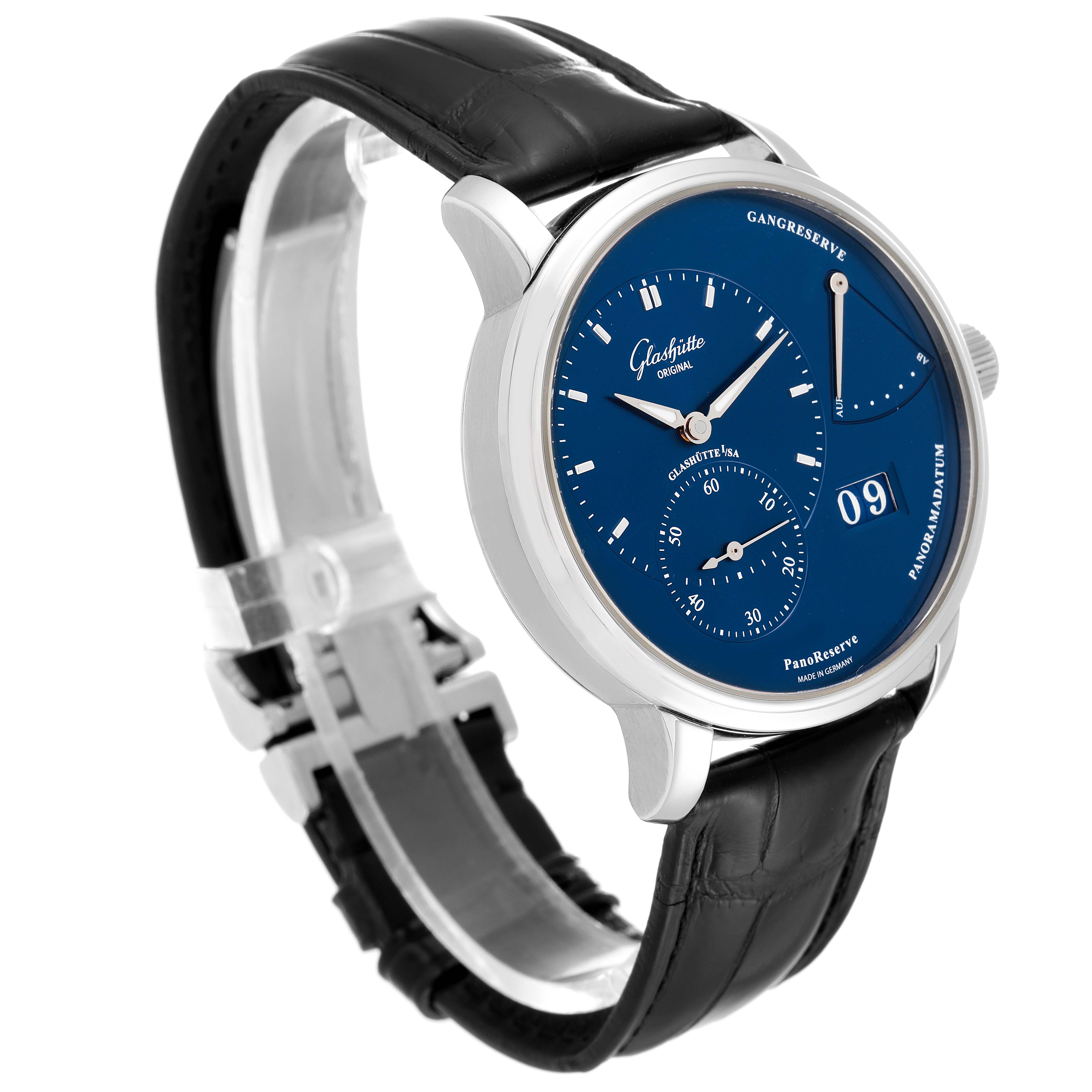 The Glashütte Original Pano model watch is shown at an angled view, highlighting its blue dial, subdials, and black leather strap.