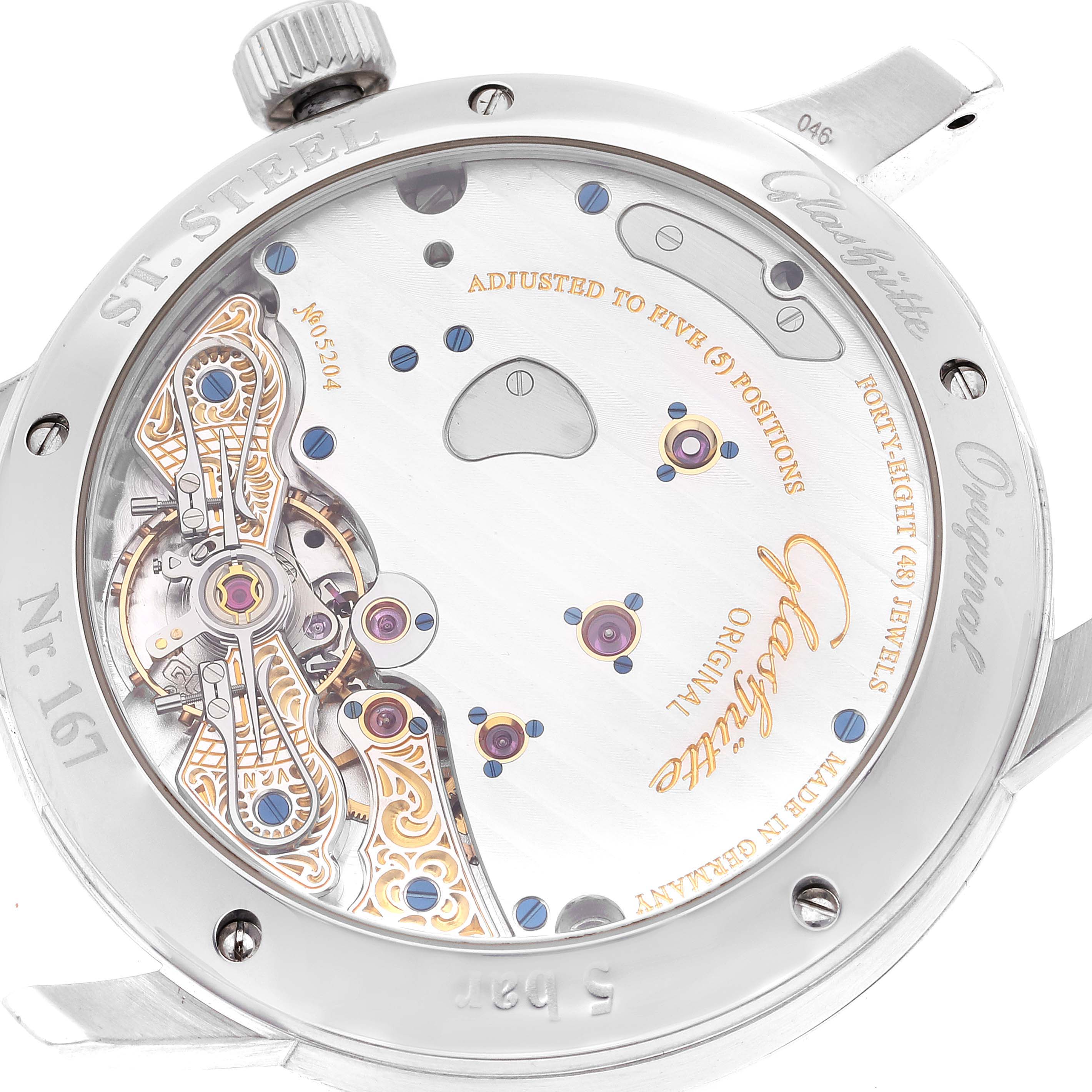 The image shows the back view of a Glashütte Original Pano model, showcasing its intricate mechanical movement.