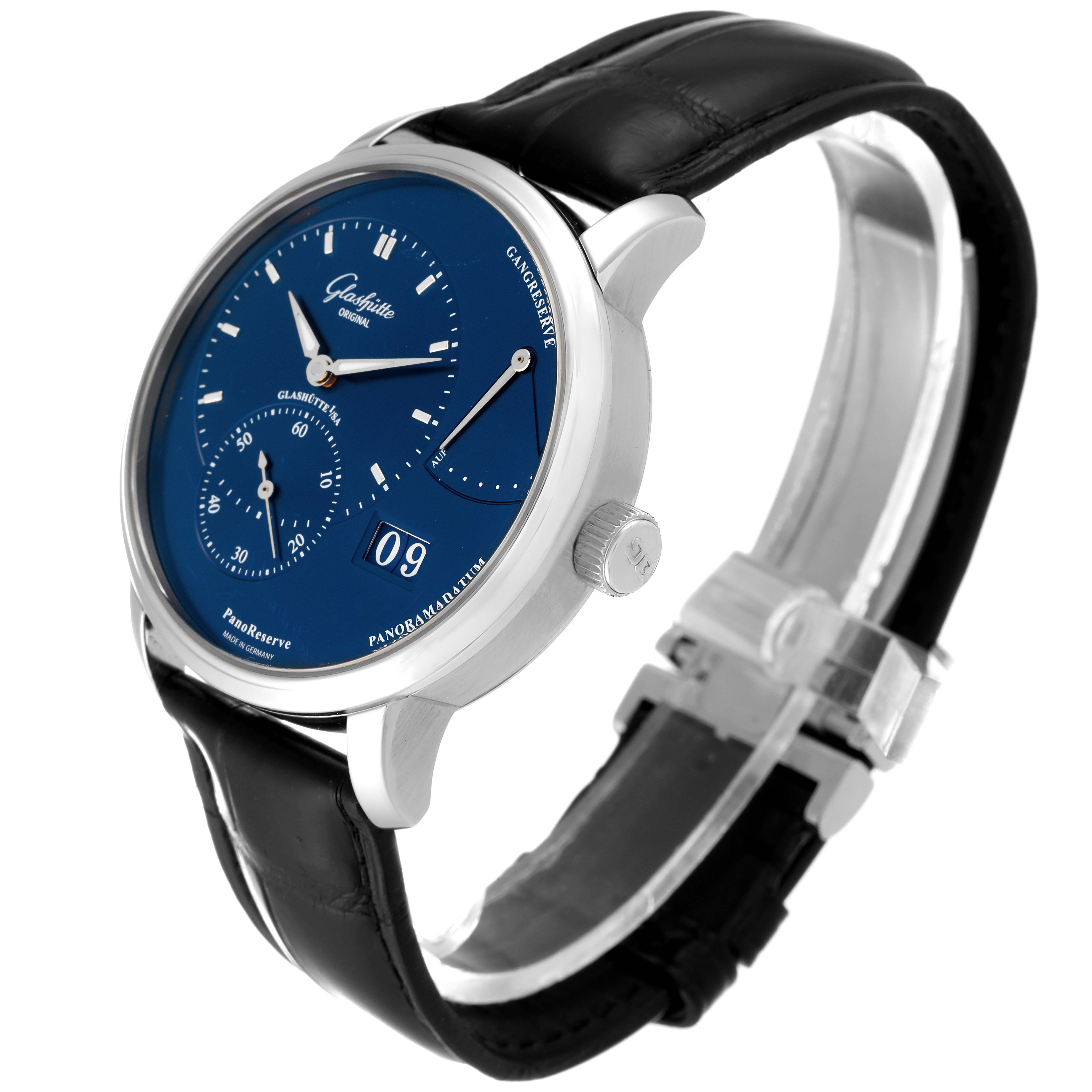 The image shows a side-angle view of a Glashütte Pano model watch, highlighting its blue dial, subdials, and black leather strap.