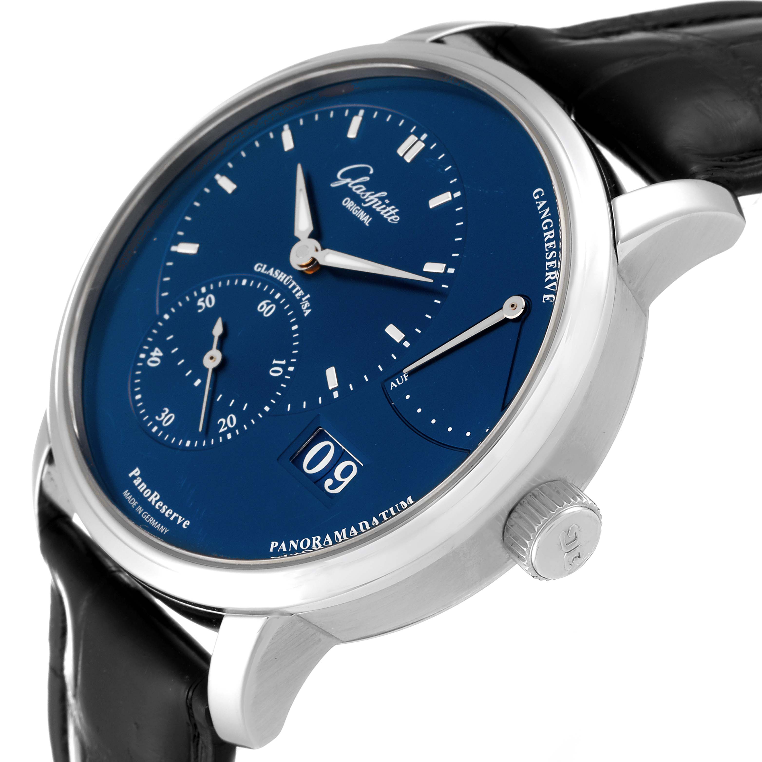 The watch shows a side angle of the Glashütte Pano model, highlighting its blue dial, subdials, and leather strap.