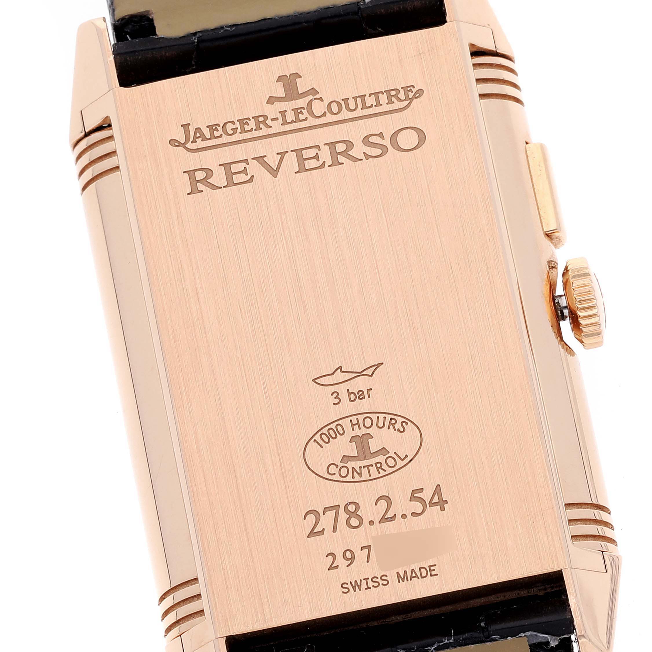 This image shows the back of a Jaeger LeCoultre Reverso Q3782520 Men's Rose Gold Silver Dial Q3782520 Men's Rose Gold Silver Dial watch, displaying the model details and crown.