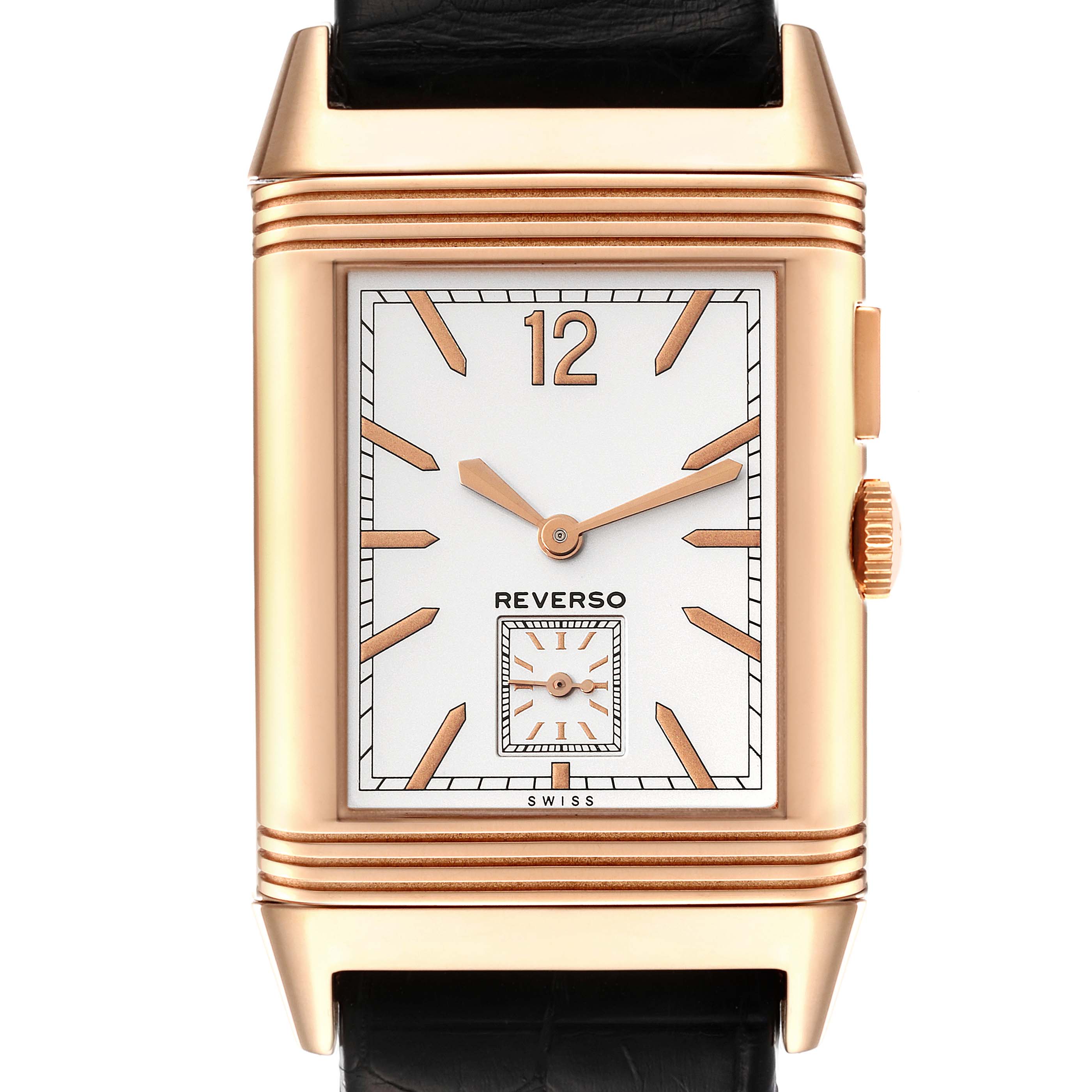 The image shows a frontal view of the dial and case of a Jaeger LeCoultre Reverso Q3782520 Men's Rose Gold Silver Dial Q3782520 Men's Rose Gold Silver Dial watch.