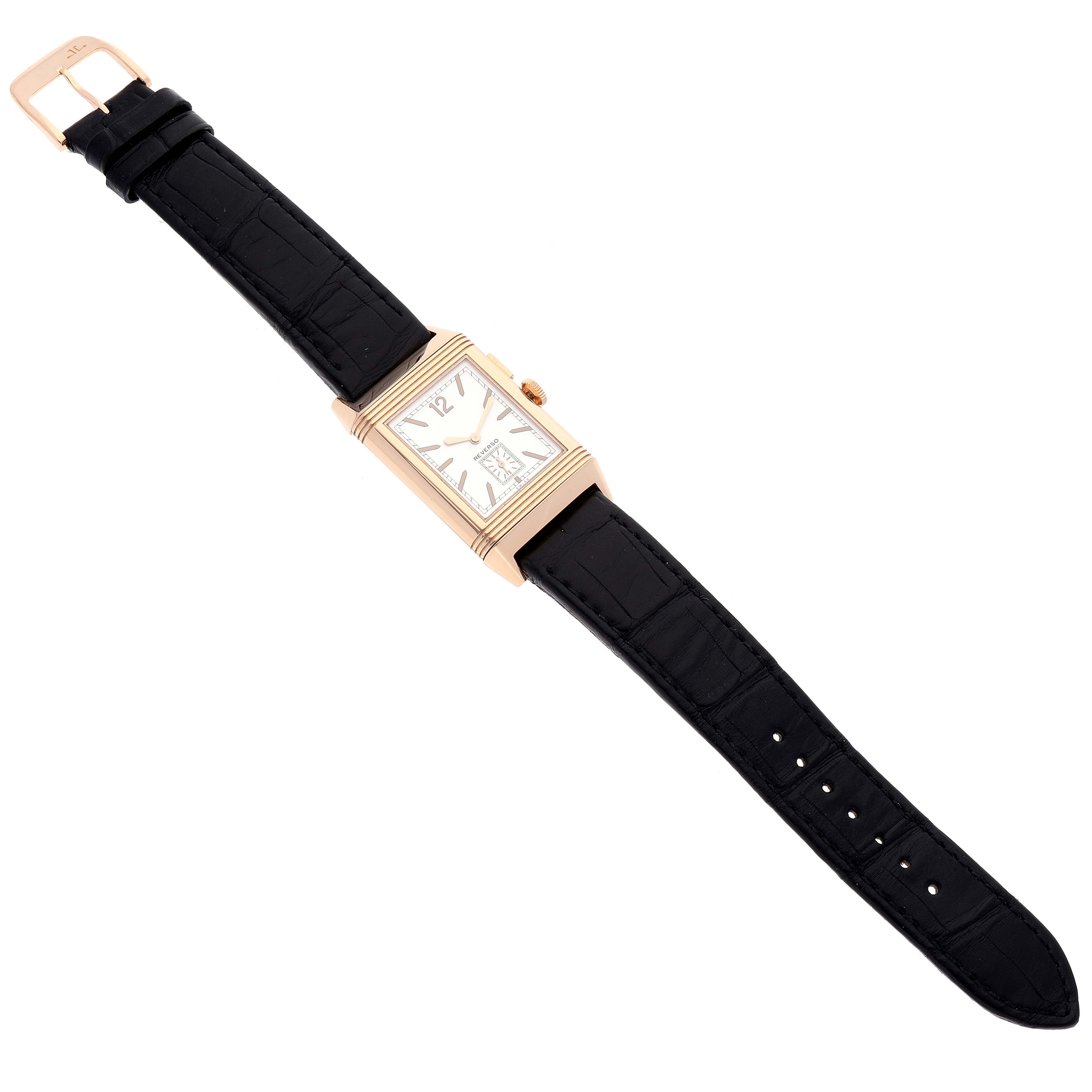 The image shows a top-down view of a Jaeger LeCoultre Reverso Q3782520 Men's Rose Gold Silver Dial Q3782520 Men's Rose Gold Silver Dial watch, showcasing the entire watch including the strap, dial, and buckle.