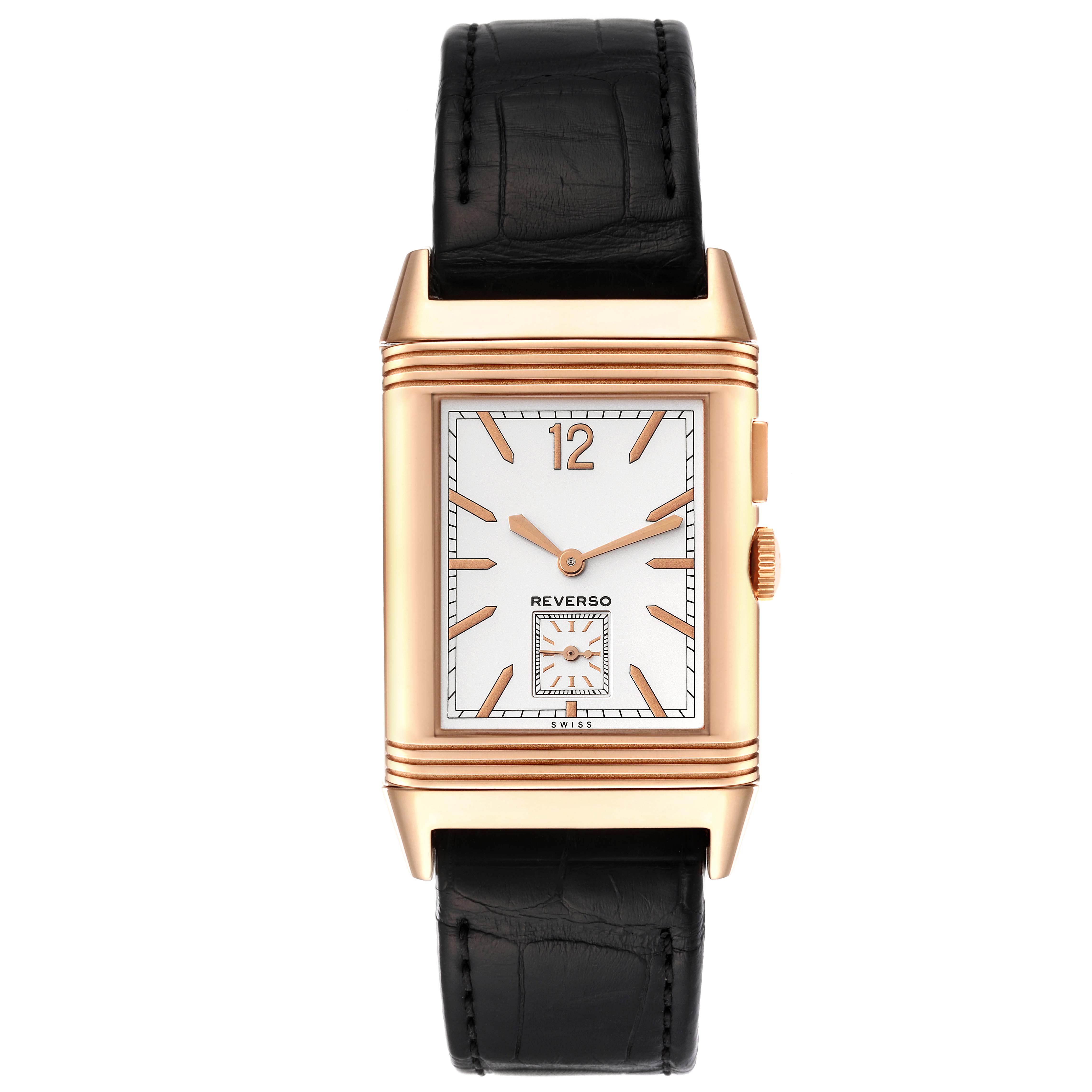 The image shows a front view of a Jaeger-LeCoultre Reverso watch with a black leather strap and a rectangular face.