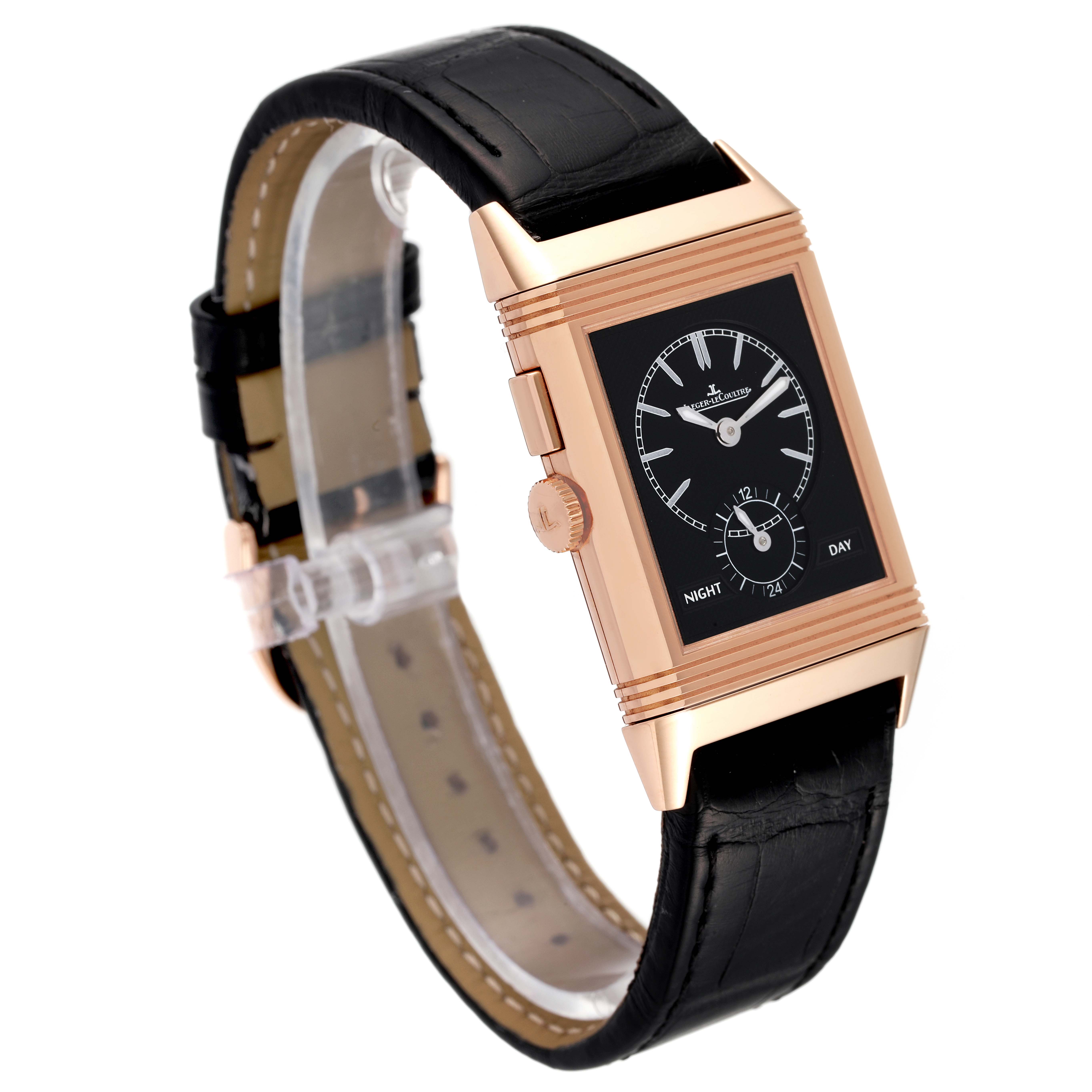 The Jaeger LeCoultre Reverso Q3782520 Men's Rose Gold Silver Dial Q3782520 Men's Rose Gold Silver Dial watch is shown at a three-quarter angle, displaying the face, bezel, crown, and leather strap.