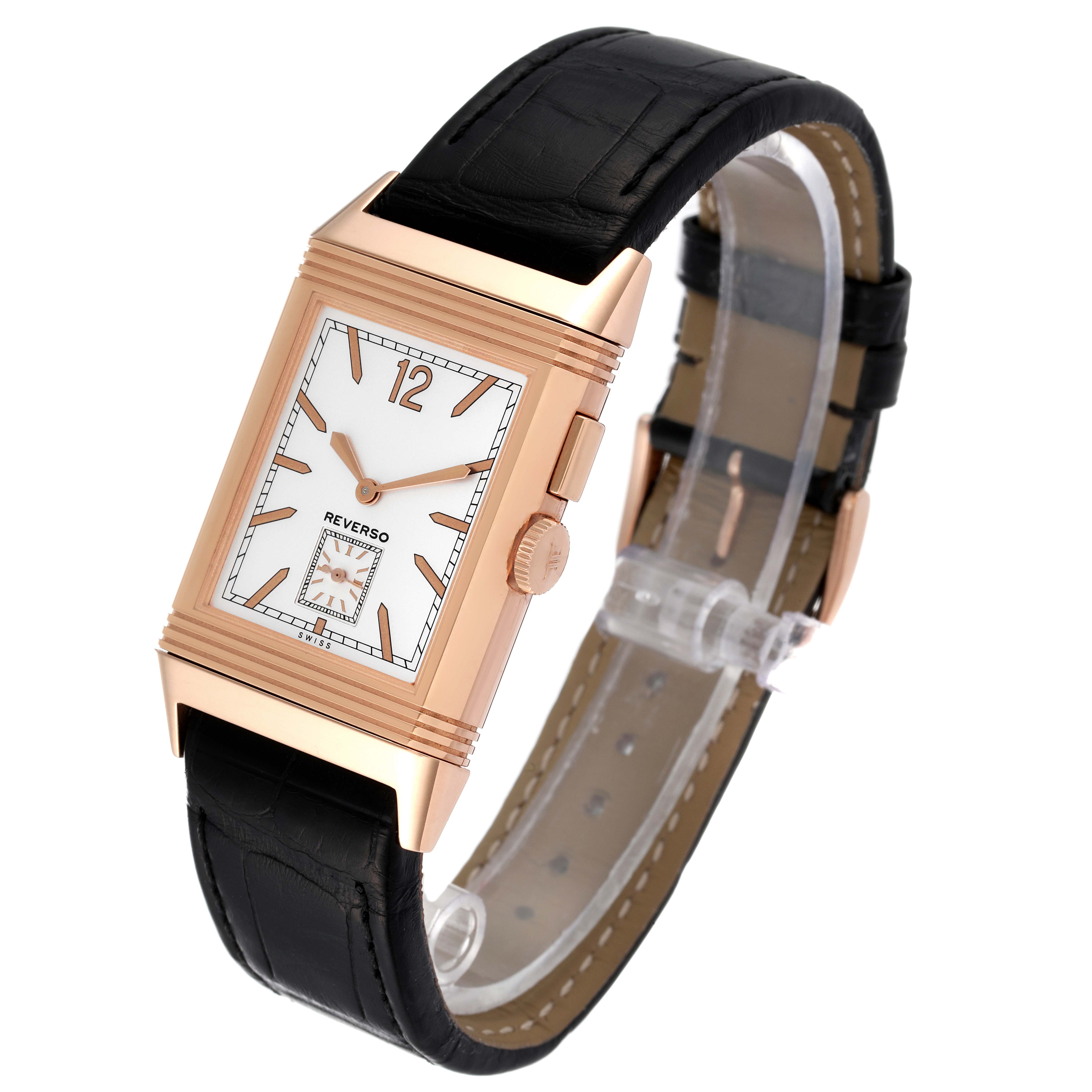 This image shows the Jaeger-LeCoultre Reverso watch at a slight angled view, displaying the dial, case, crown, and black leather strap.