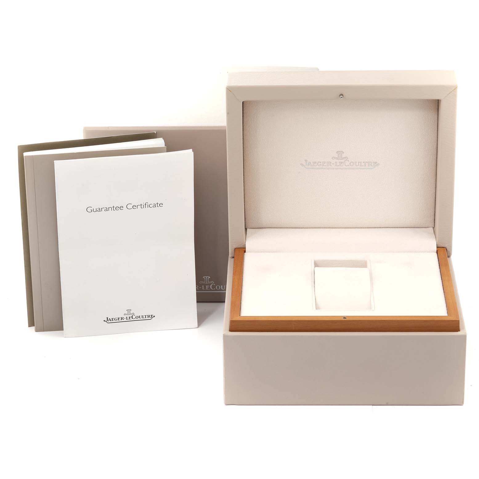 The image shows the open box and guarantee certificate of a Jaeger-LeCoultre Master model watch.