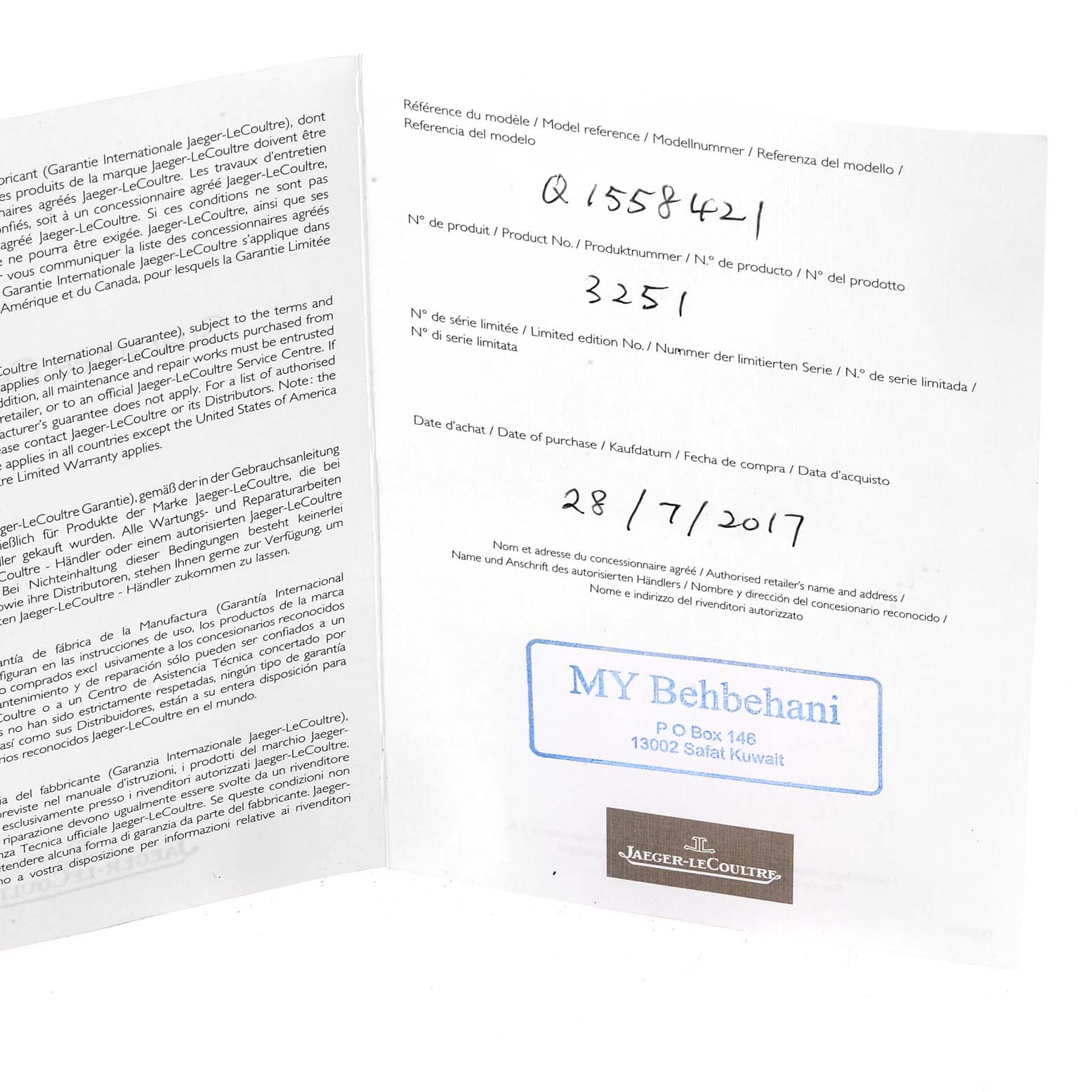 The image shows a warranty card for the Jaeger-LeCoultre Master model, including model and product numbers, date of purchase, and retailer details.