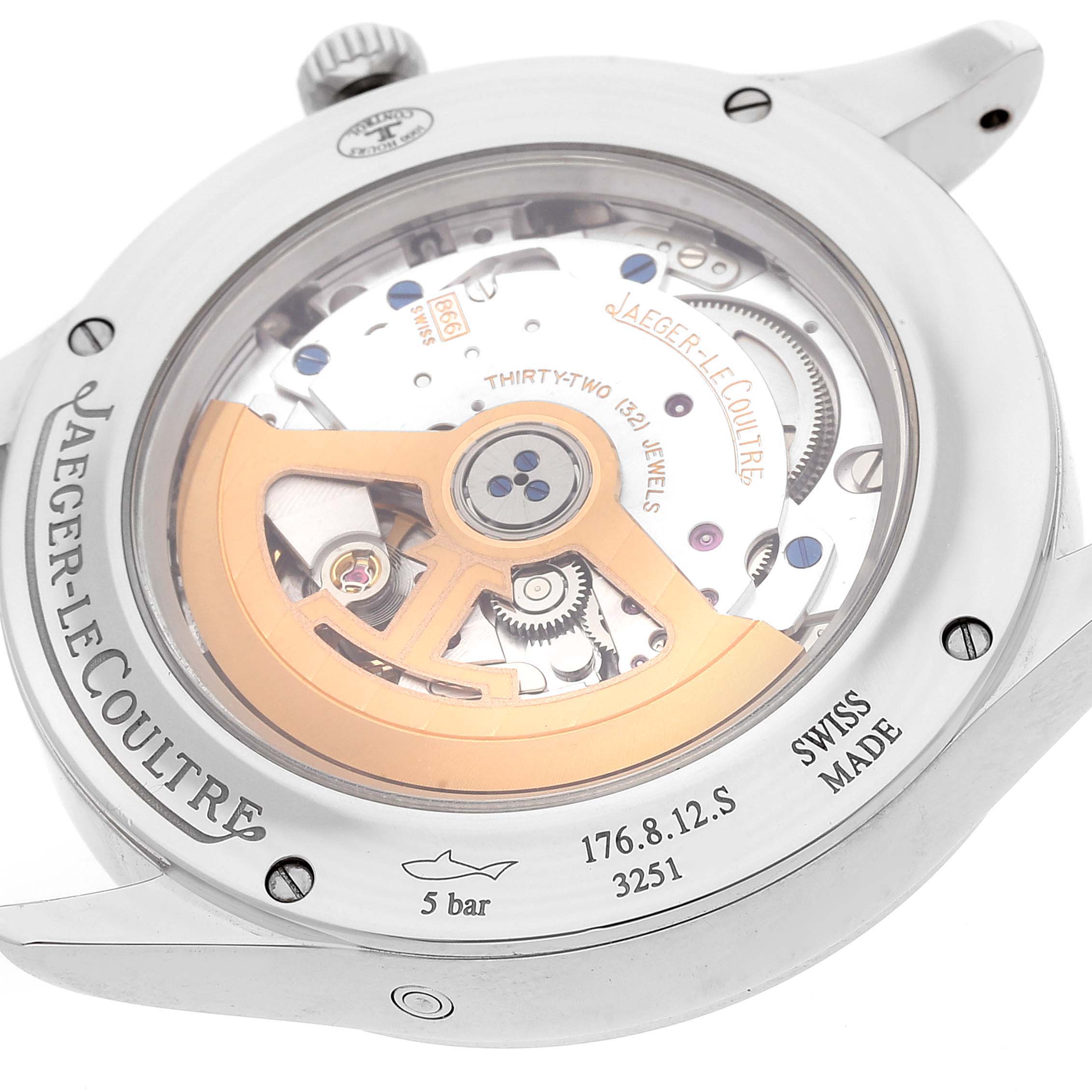 The image shows the back view of a Jaeger-LeCoultre Master model, showcasing its intricate mechanical movements and brand engraving.