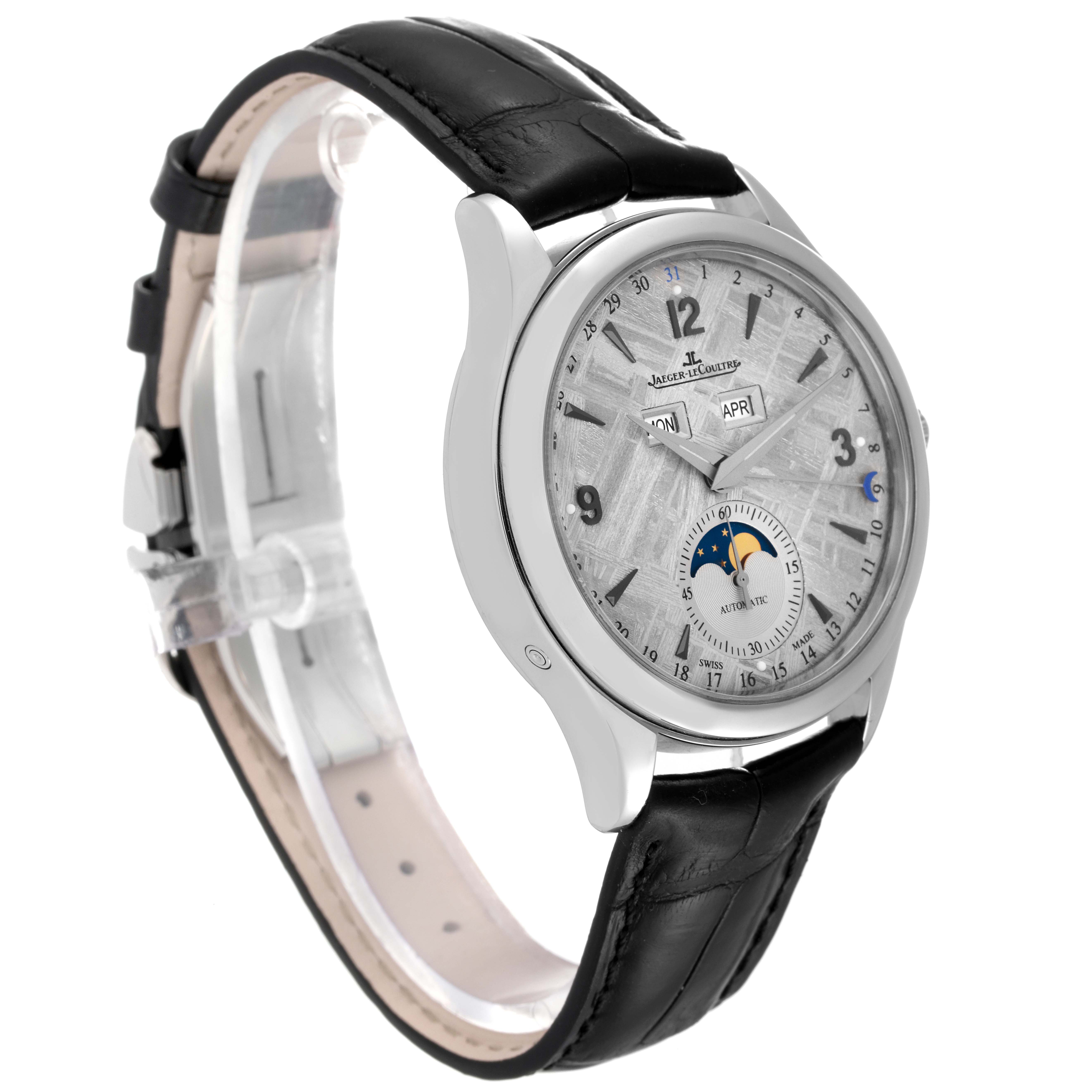 The image shows a Jaeger LeCoultre Master Q1558421 Men's Stainless Steel Silver Dial Q1558421 Men's Stainless Steel Silver Dial watch at a three-quarter front angle, highlighting its face, bezel, and leather strap.