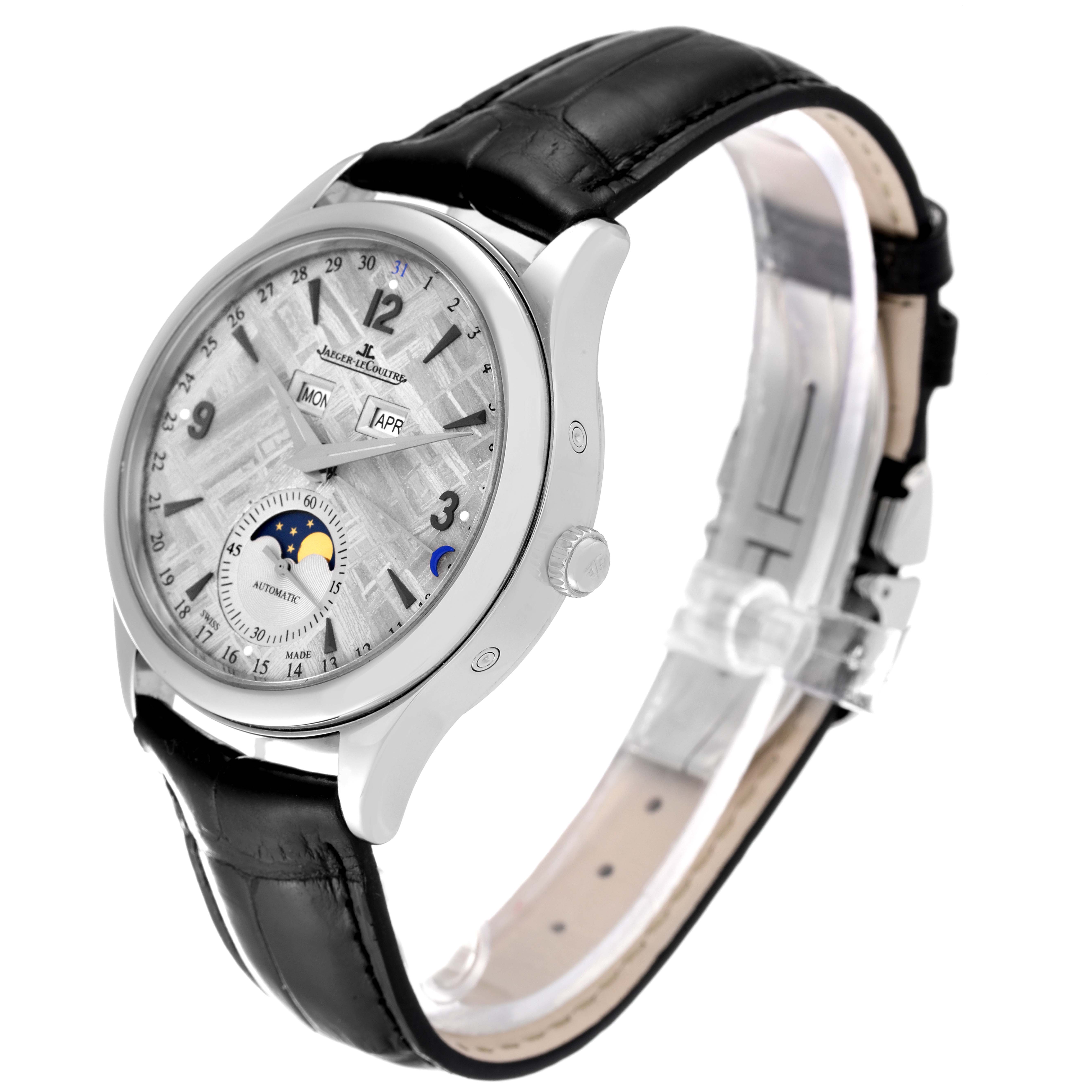 The Jaeger-LeCoultre Master model watch is shown at a three-quarter angle, highlighting its dial, bezel, case, and leather strap.