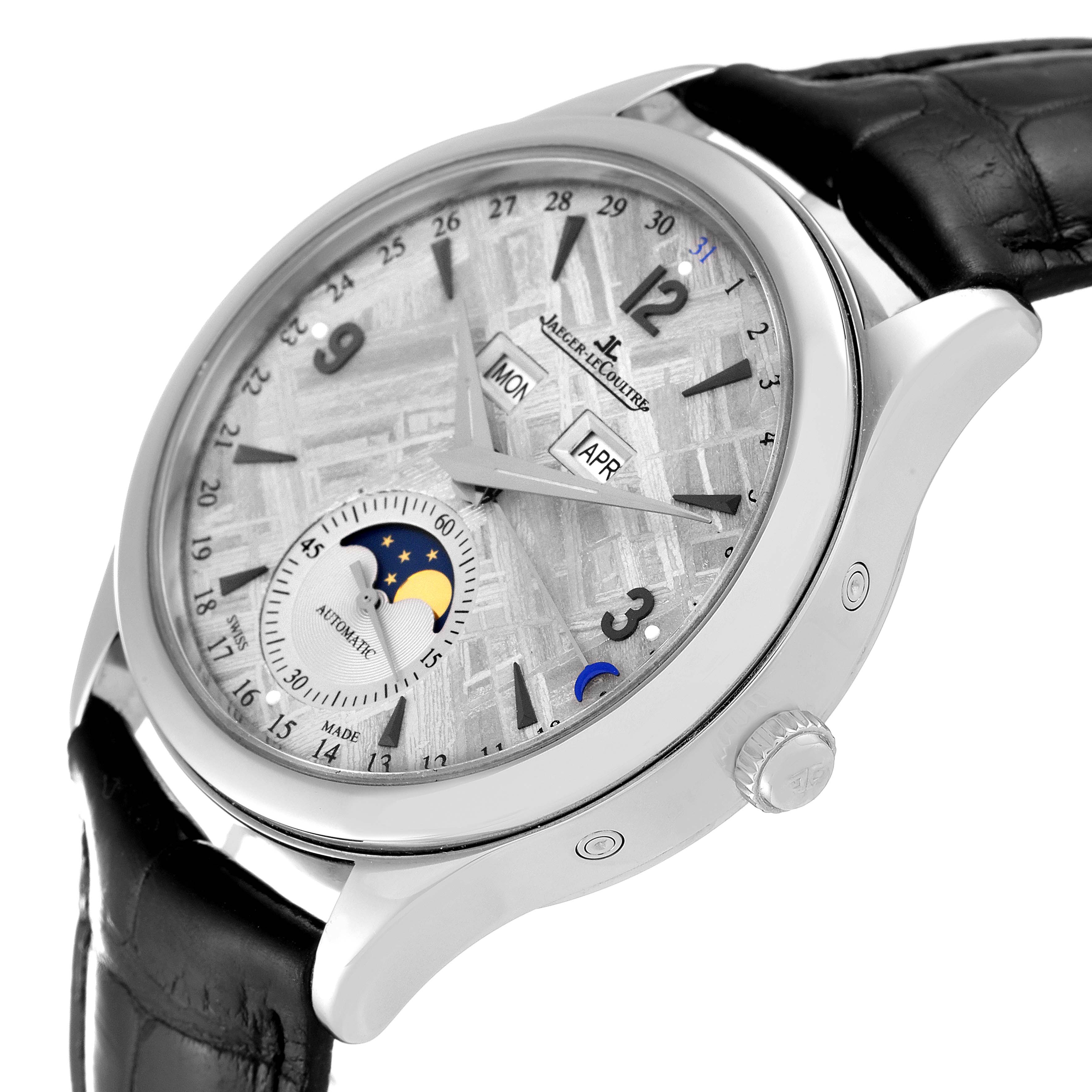 The image shows a close-up side angle of the Jaeger-LeCoultre Master watch, highlighting its dial, crown, and strap.