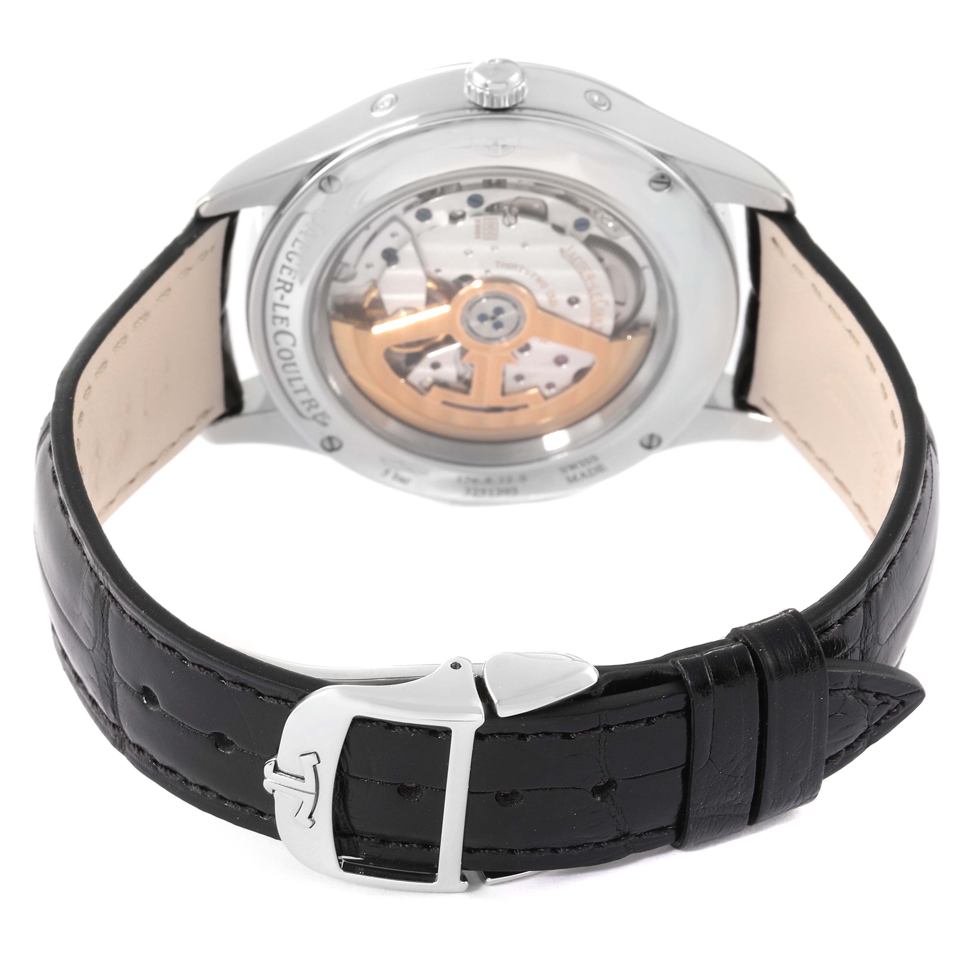 This image shows the back view of the Jaeger-LeCoultre Master model, focusing on the movement and leather strap with a buckle.