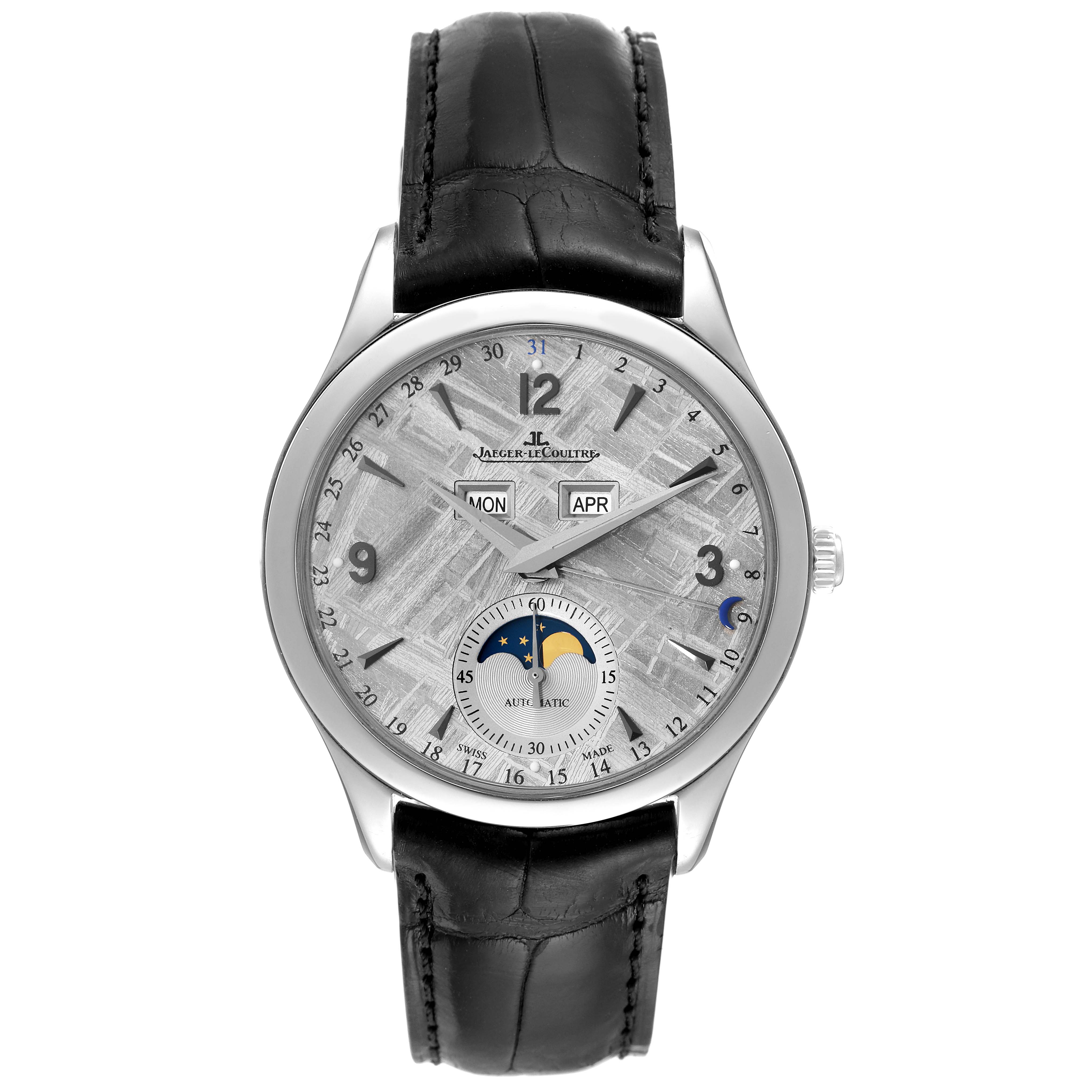 The image shows a front view of the Jaeger LeCoultre Master Q1558421 Men's Stainless Steel Silver Dial Q1558421 Men's Stainless Steel Silver Dial model watch, featuring a leather strap and multi-function dial.