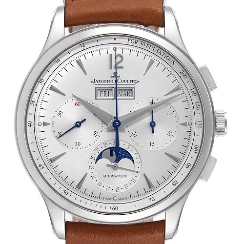 The image shows a frontal view of a Jaeger LeCoultre Master model watch, displaying the dial, subdials, and leather strap.