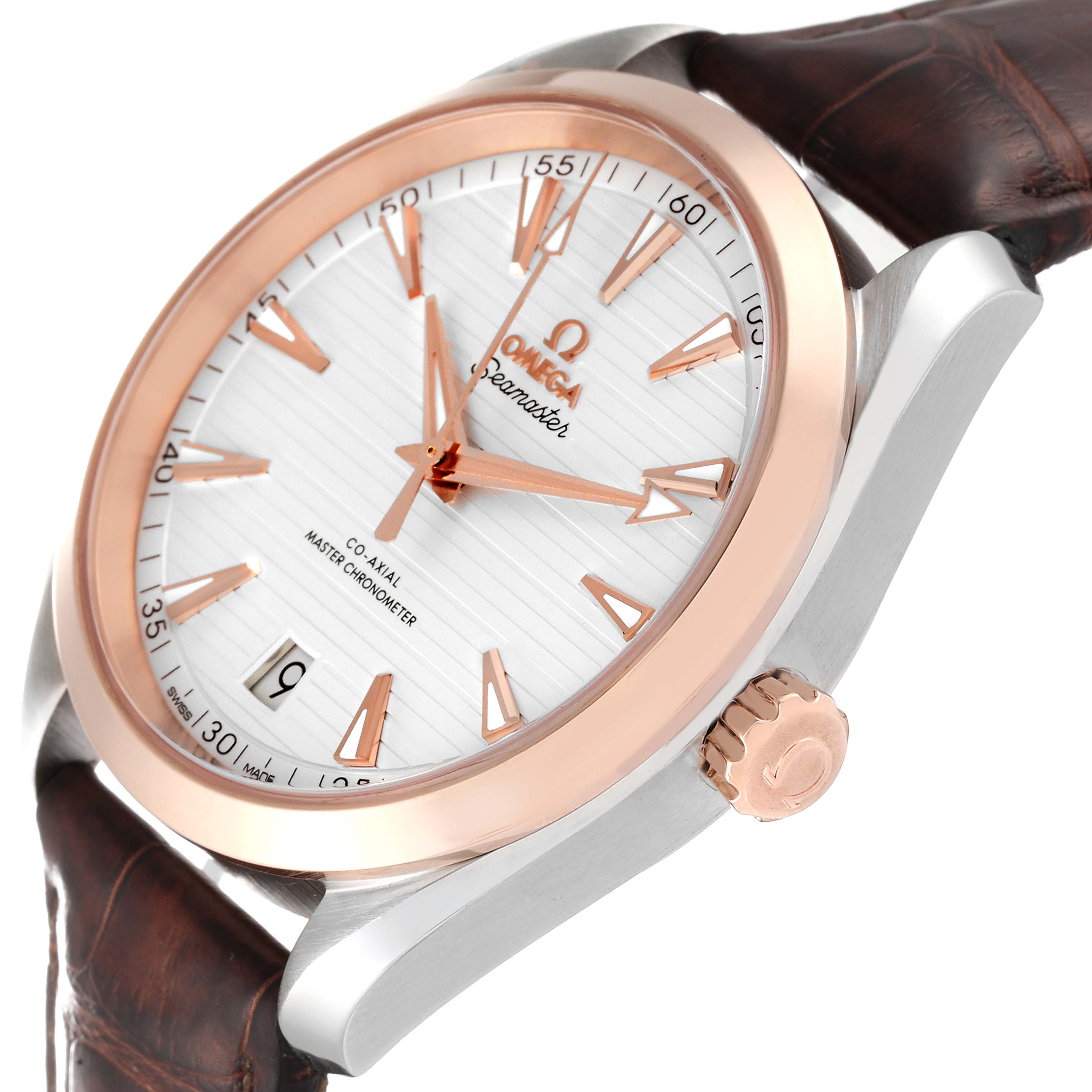 This image shows the Omega Aqua Terra 220.23.41.21.02.001 Men's Steel and Gold (two tone) Silver Dial 220.23.41.21.02.001 Men's Steel and Gold (two tone) Silver Dial watch at a three-quarter angle, displaying the dial, crown, and part of the strap.