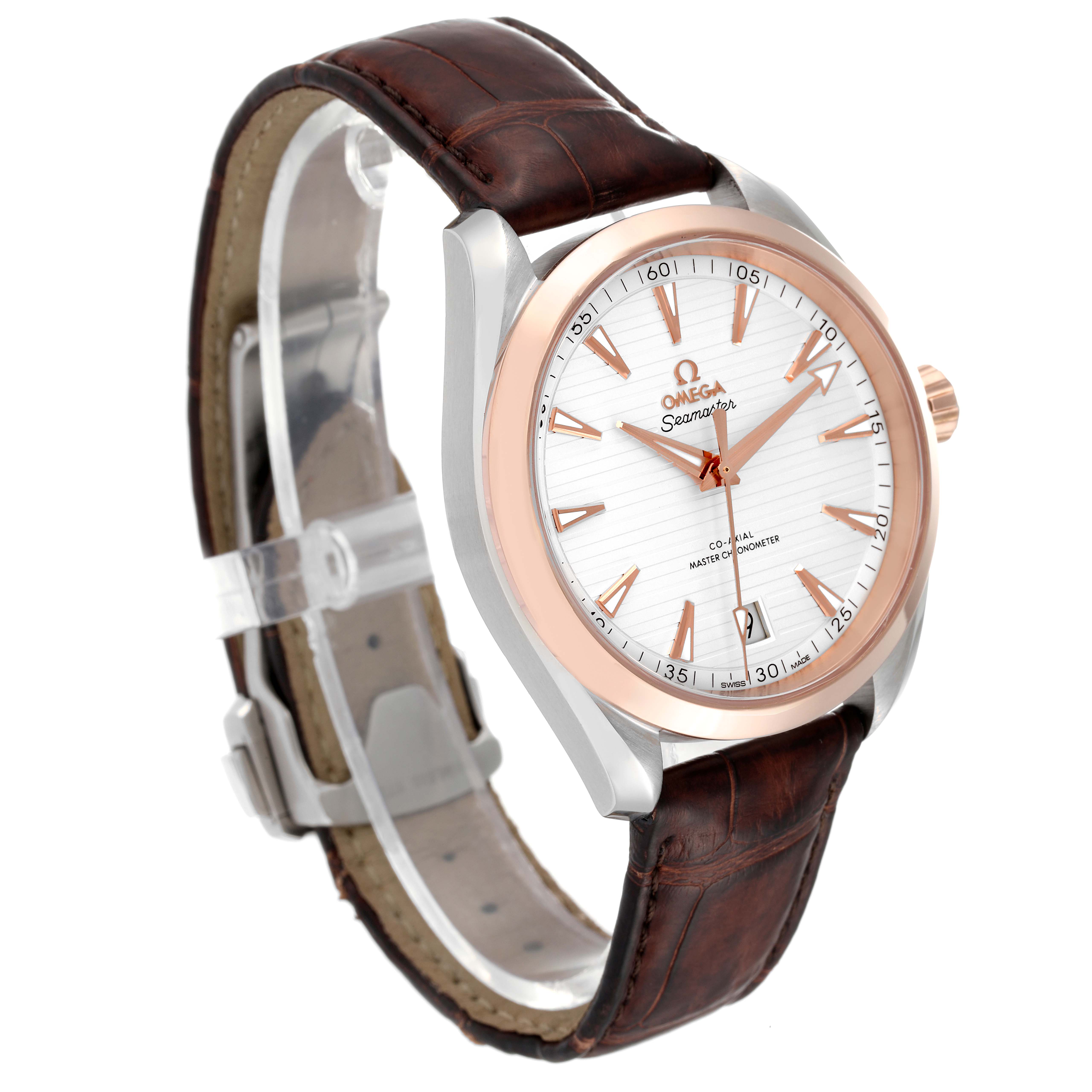 The image shows an Omega Aqua Terra 220.23.41.21.02.001 Men's Steel and Gold (two tone) Silver Dial 220.23.41.21.02.001 Men's Steel and Gold (two tone) Silver Dial watch with a brown leather strap, silver case, and white dial, viewed from a front angled perspective.