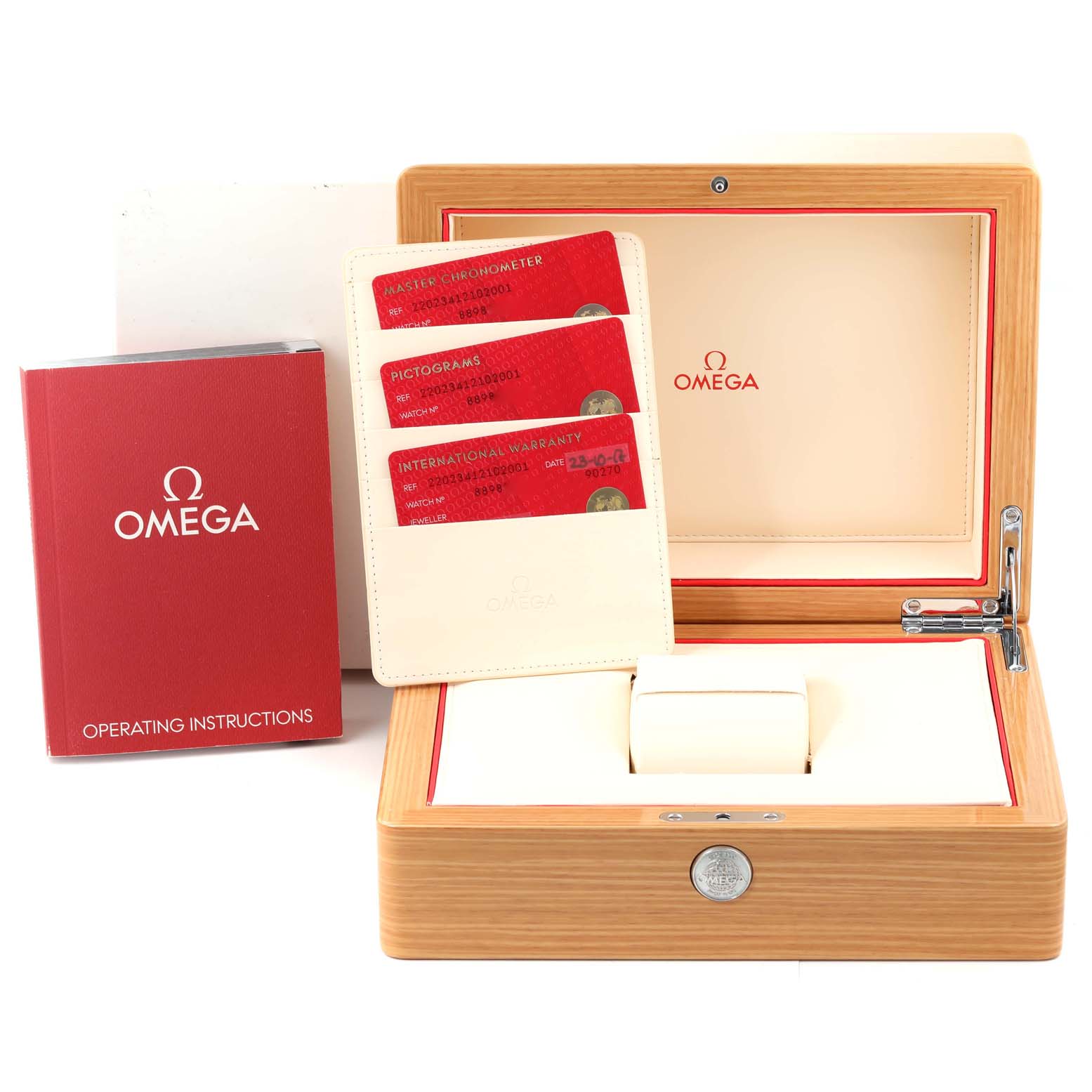 The image shows the packaging, warranty cards, and manual of an Omega Aqua Terra 220.23.41.21.02.001 Men's Steel and Gold (two tone) Silver Dial 220.23.41.21.02.001 Men's Steel and Gold (two tone) Silver Dial watch.