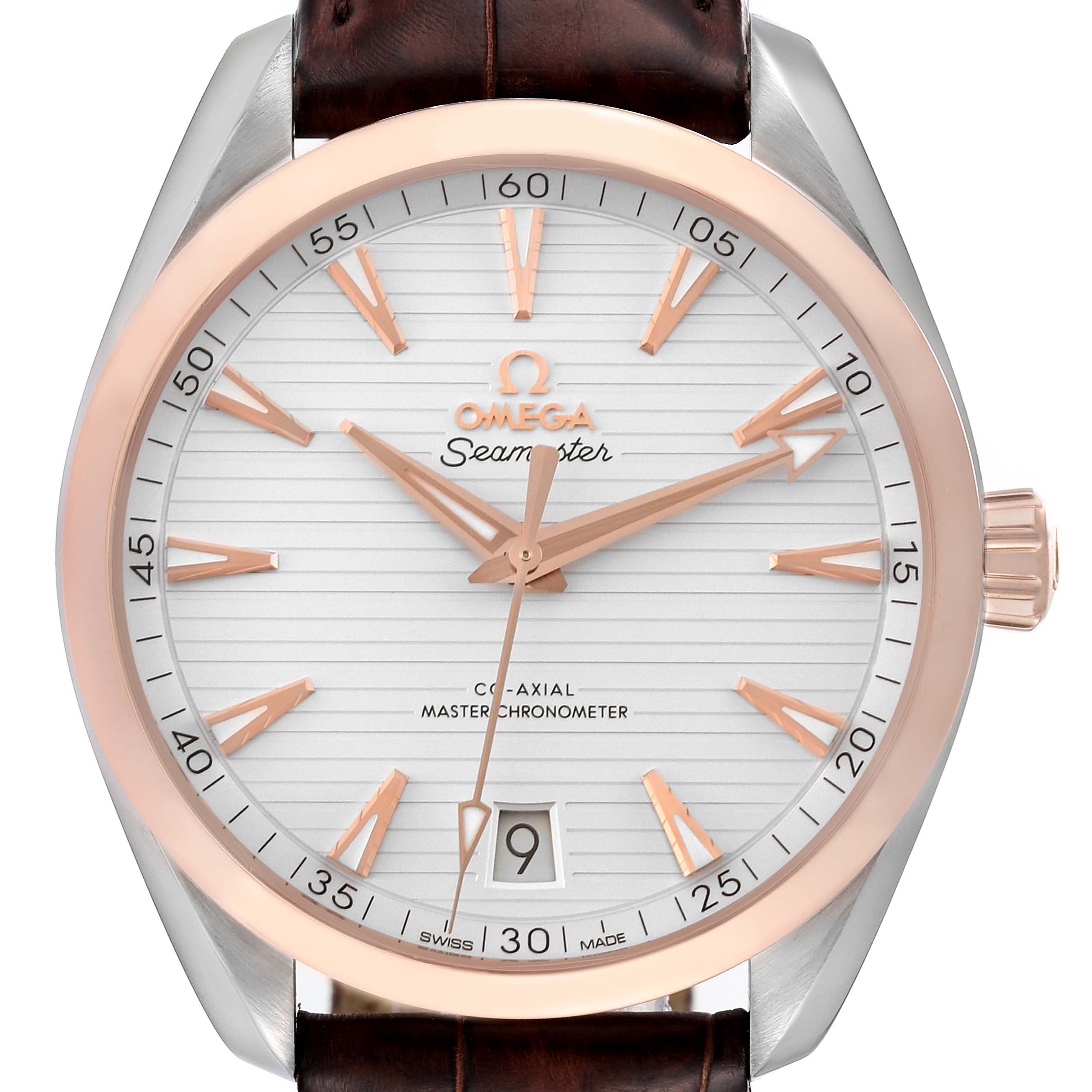 The image shows the face and bezel of the Omega Aqua Terra 220.23.41.21.02.001 Men's Steel and Gold (two tone) Silver Dial 220.23.41.21.02.001 Men's Steel and Gold (two tone) Silver Dial watch from a front angle, highlighting its dial, hands, markers, and date window.