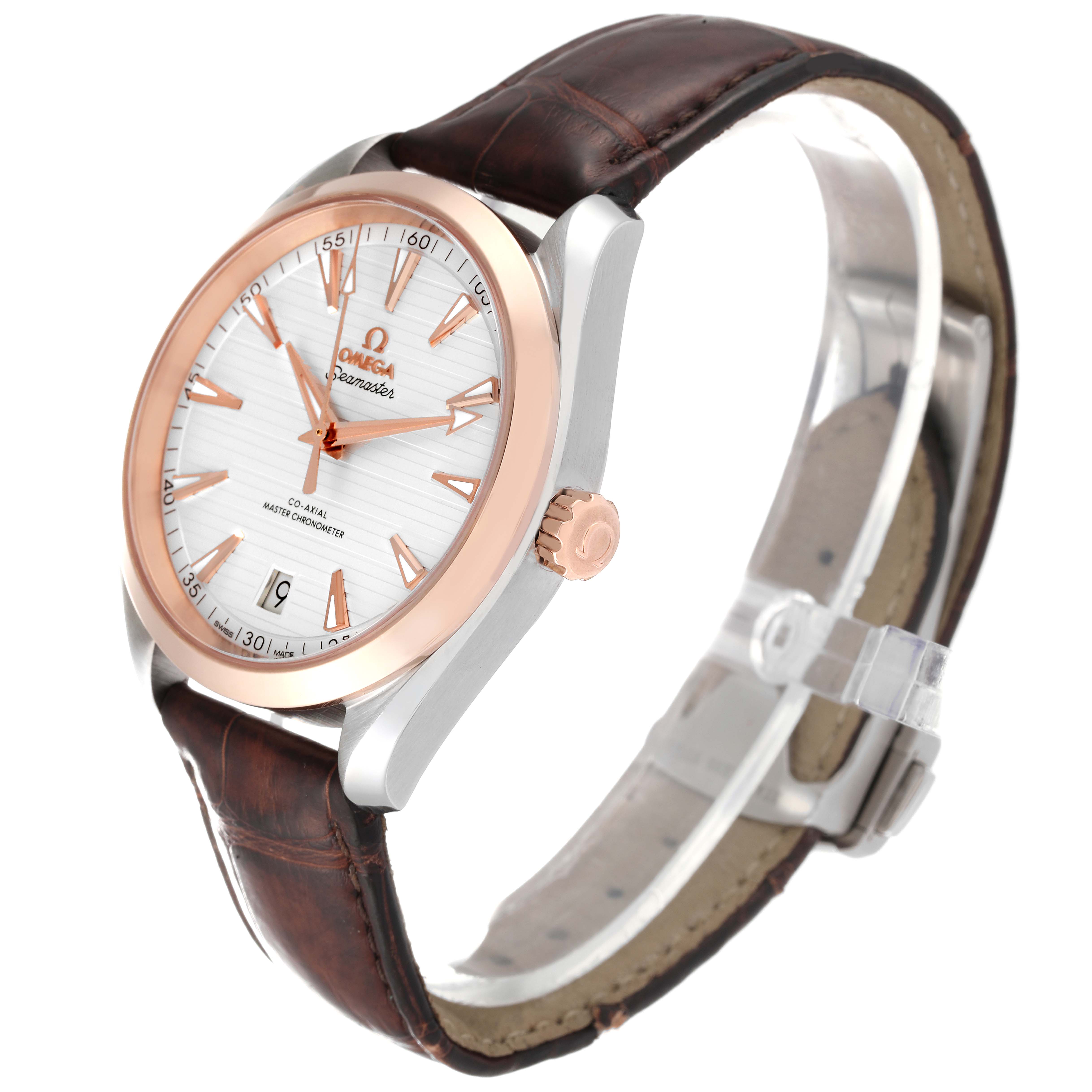 The image shows an Omega Aqua Terra 220.23.41.21.02.001 Men's Steel and Gold (two tone) Silver Dial 220.23.41.21.02.001 Men's Steel and Gold (two tone) Silver Dial watch from a side angle, highlighting the dial, crown, and leather strap.