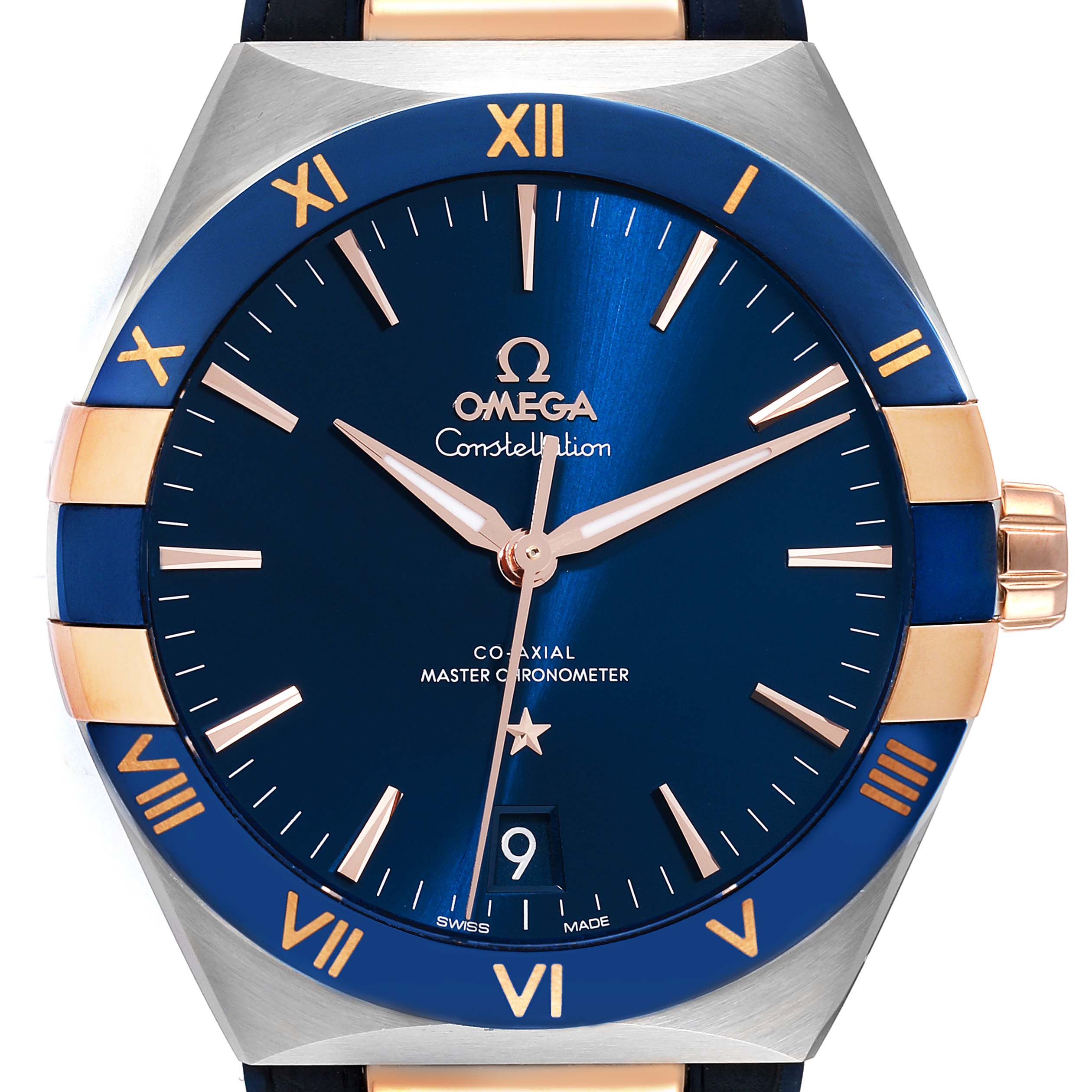 The image shows the dial and bezel of an Omega Constellation 131.23.41.21.03.001 Men's Steel and Gold (two tone) Blue Dial 131.23.41.21.03.001 Men's Steel and Gold (two tone) Blue Dial watch, highlighting the watch face, hands, and Roman numeral markers.