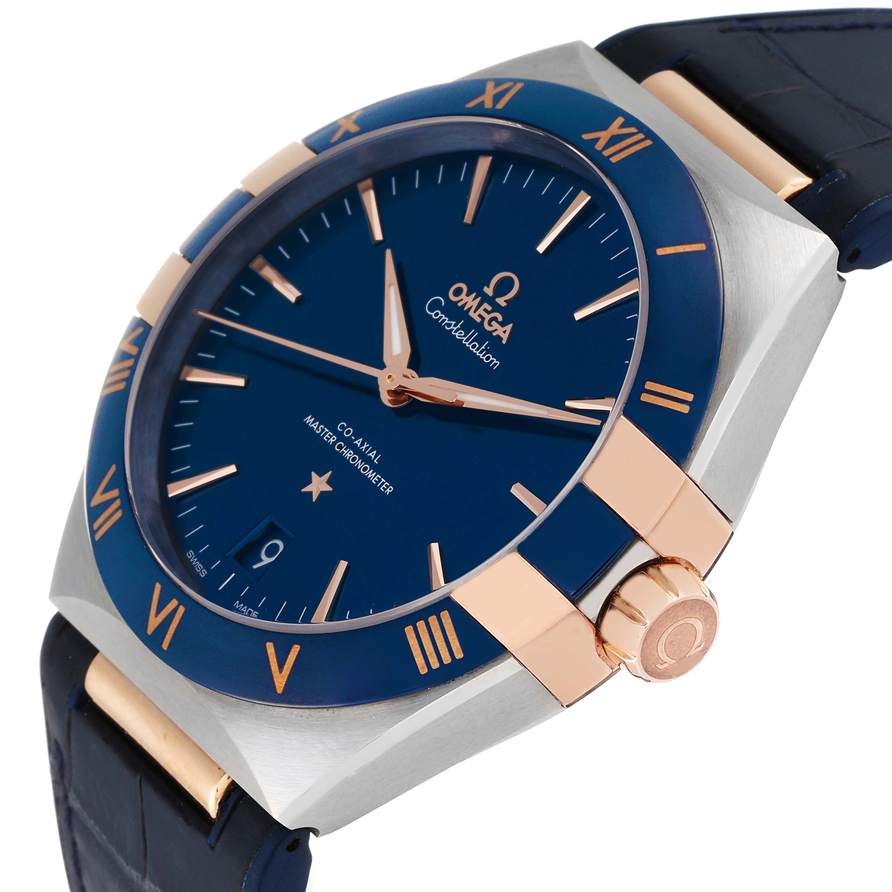The image shows an angled view of the Omega Constellation 131.23.41.21.03.001 Men's Steel and Gold (two tone) Blue Dial 131.23.41.21.03.001 Men's Steel and Gold (two tone) Blue Dial watch, highlighting the face, bezel, crown, and part of the band.