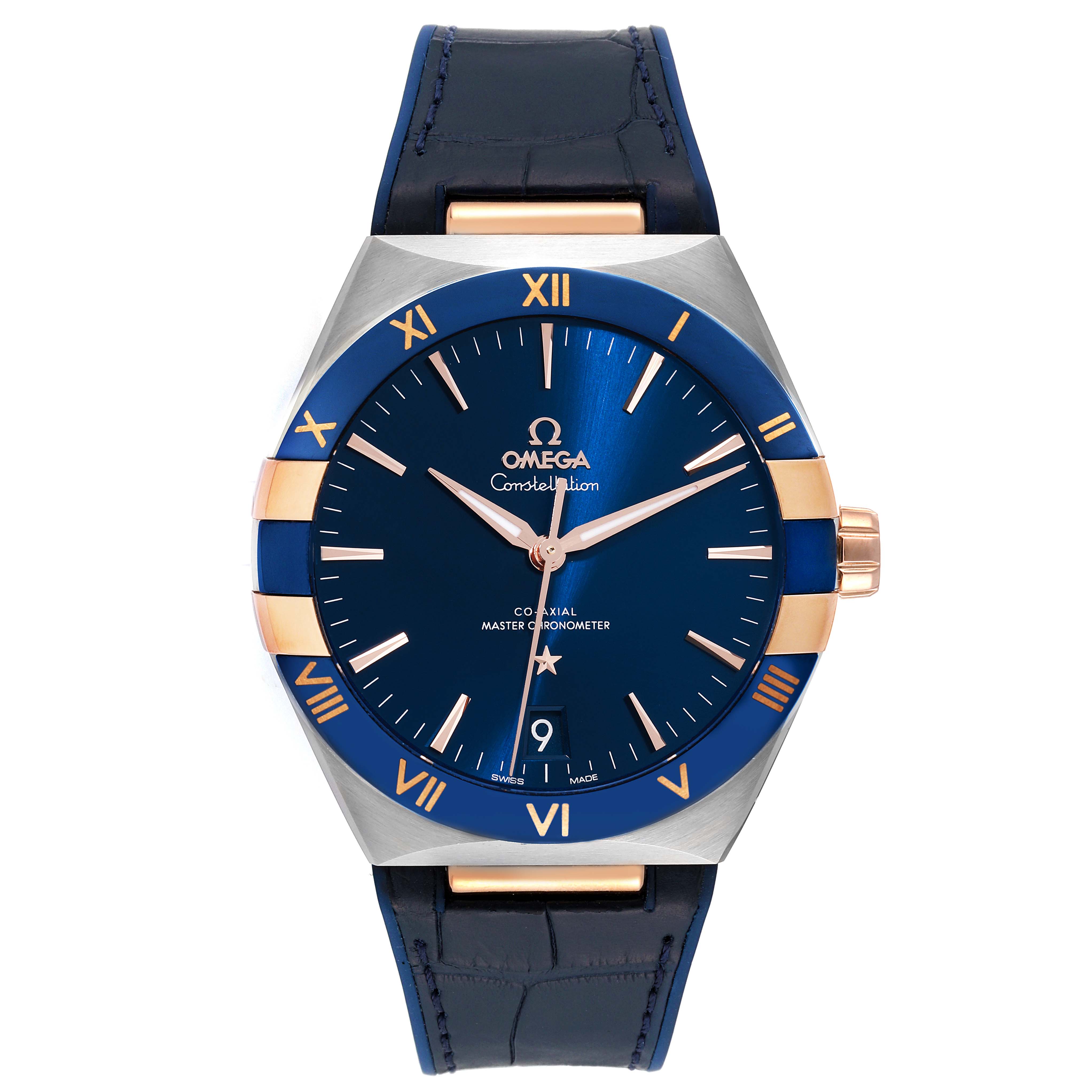 The image shows a front view of an Omega Constellation 131.23.41.21.03.001 Men's Steel and Gold (two tone) Blue Dial 131.23.41.21.03.001 Men's Steel and Gold (two tone) Blue Dial watch, highlighting its blue face, gold accents, and leather strap.