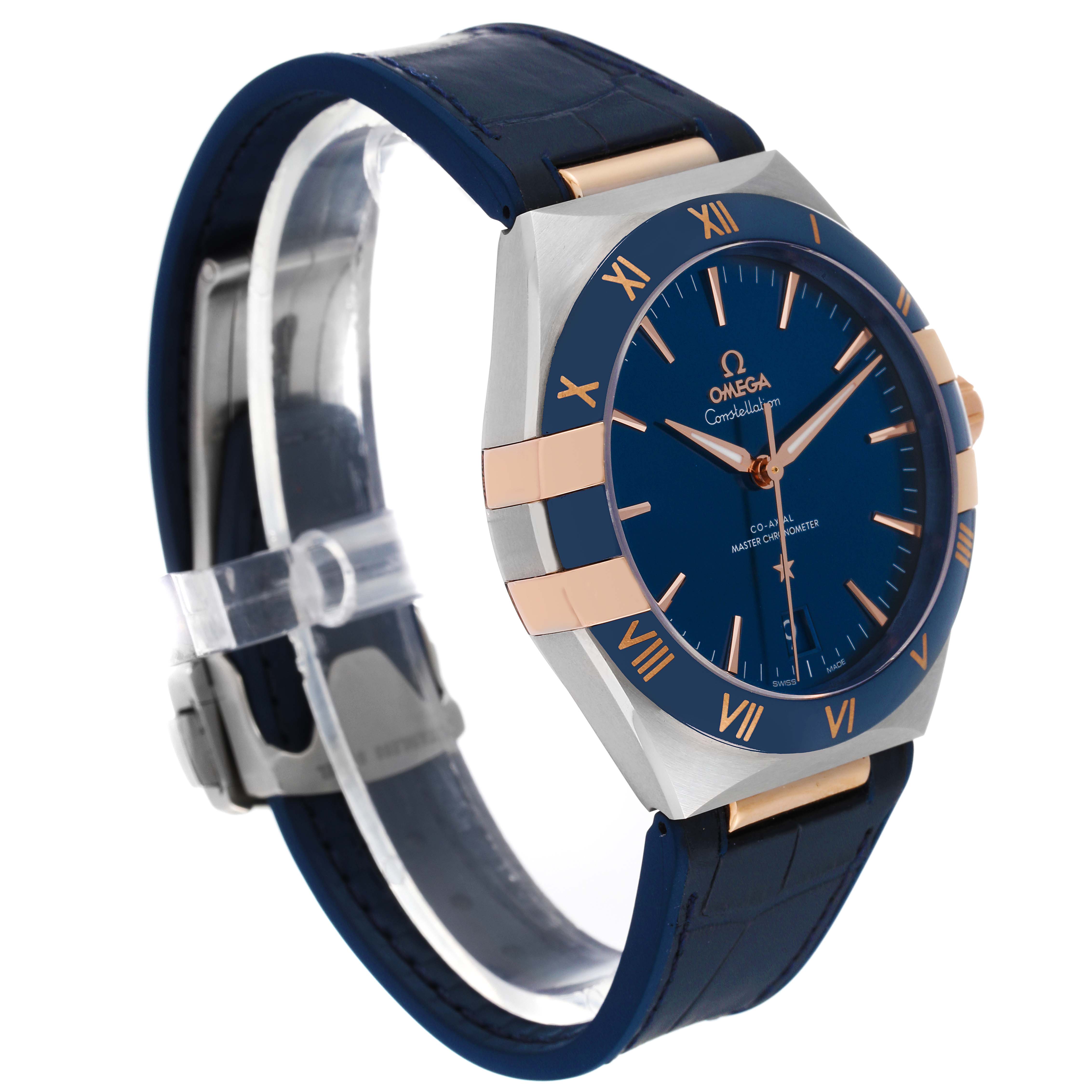 The image shows an Omega Constellation 131.23.41.21.03.001 Men's Steel and Gold (two tone) Blue Dial 131.23.41.21.03.001 Men's Steel and Gold (two tone) Blue Dial watch at a three-quarter angle, displaying the face, bezel, and strap.