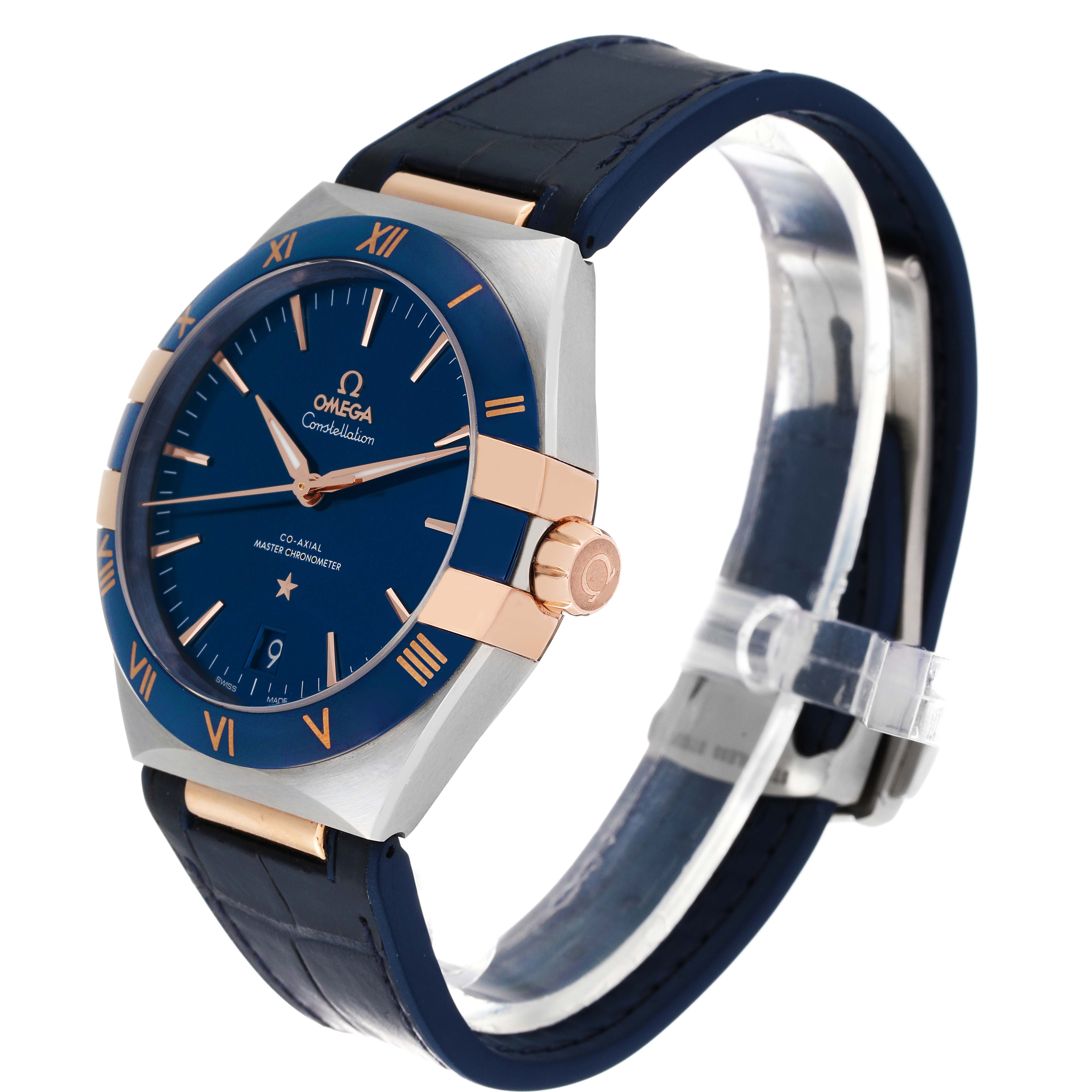 The Omega Constellation 131.23.41.21.03.001 Men's Steel and Gold (two tone) Blue Dial 131.23.41.21.03.001 Men's Steel and Gold (two tone) Blue Dial watch is shown at an angle highlighting the face, bezel, crown, and part of the strap.