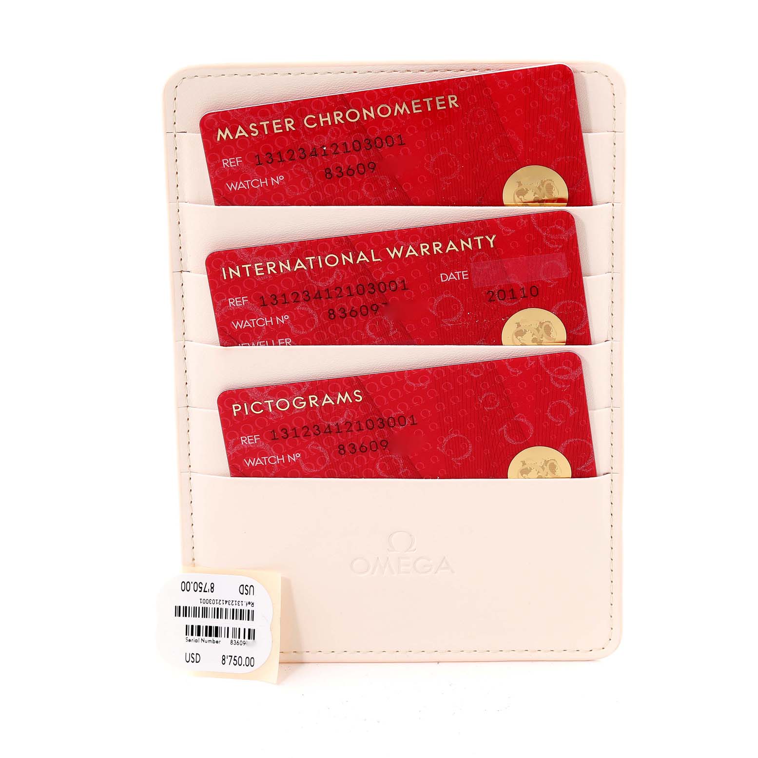 The image shows documentation for the Omega Constellation 131.23.41.21.03.001 Men's Steel and Gold (two tone) Blue Dial 131.23.41.21.03.001 Men's Steel and Gold (two tone) Blue Dial model, including master chronometer, international warranty, and pictograms cards.