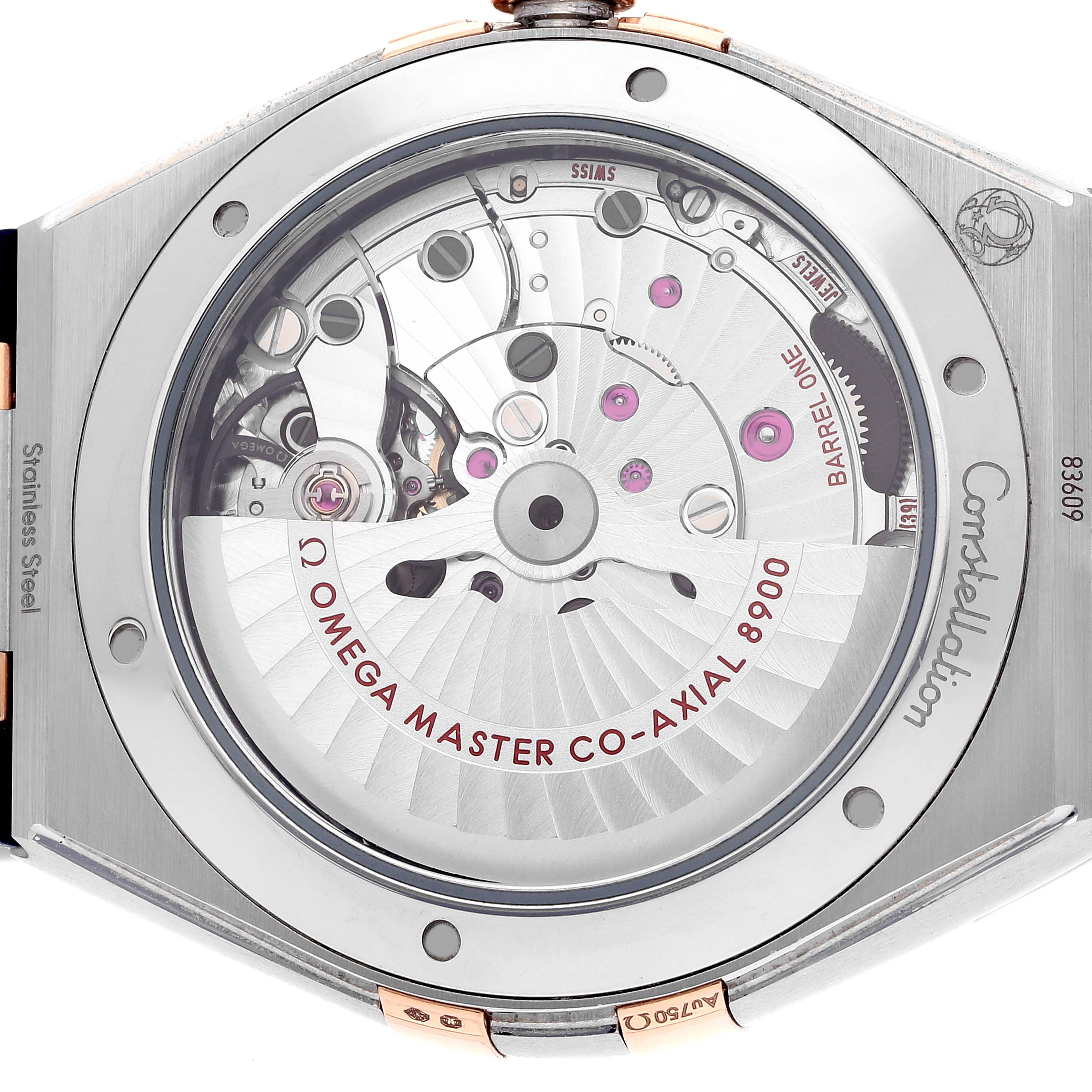 This image shows the case back view of an Omega Constellation 131.23.41.21.03.001 Men's Steel and Gold (two tone) Blue Dial 131.23.41.21.03.001 Men's Steel and Gold (two tone) Blue Dial model, highlighting its movement and inner mechanisms.