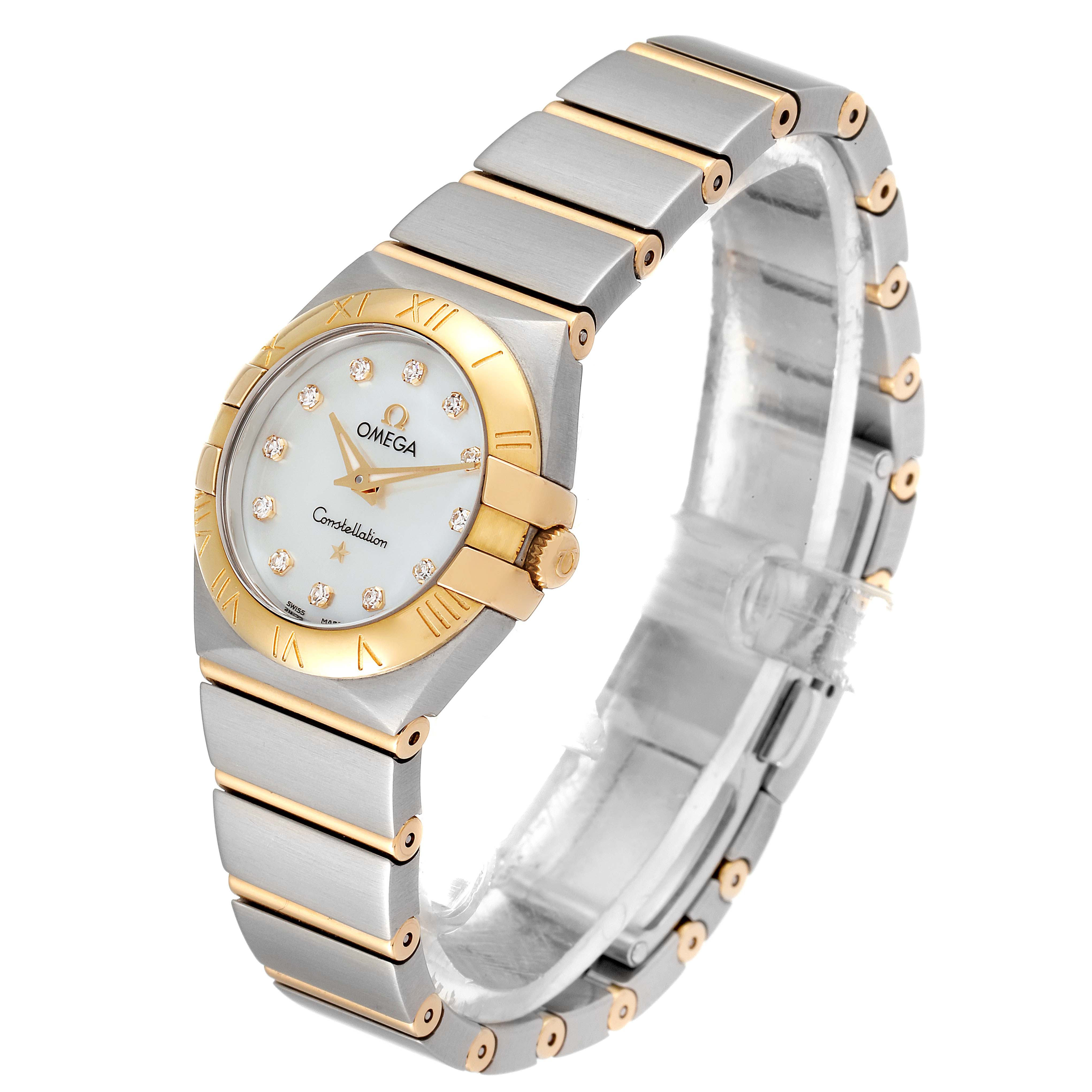 The image shows the Omega 123.20.24.60.55.001 Women
s Steel and Gold (two tone) Mother of Pearl Dial 123.20.24.60.55.001 Women
s Steel and Gold (two tone) Mother of Pearl Dial Constellation Steel Gold MOP Diamond Watch 123.20.24.60.55.001 at a three-quarter angle.
