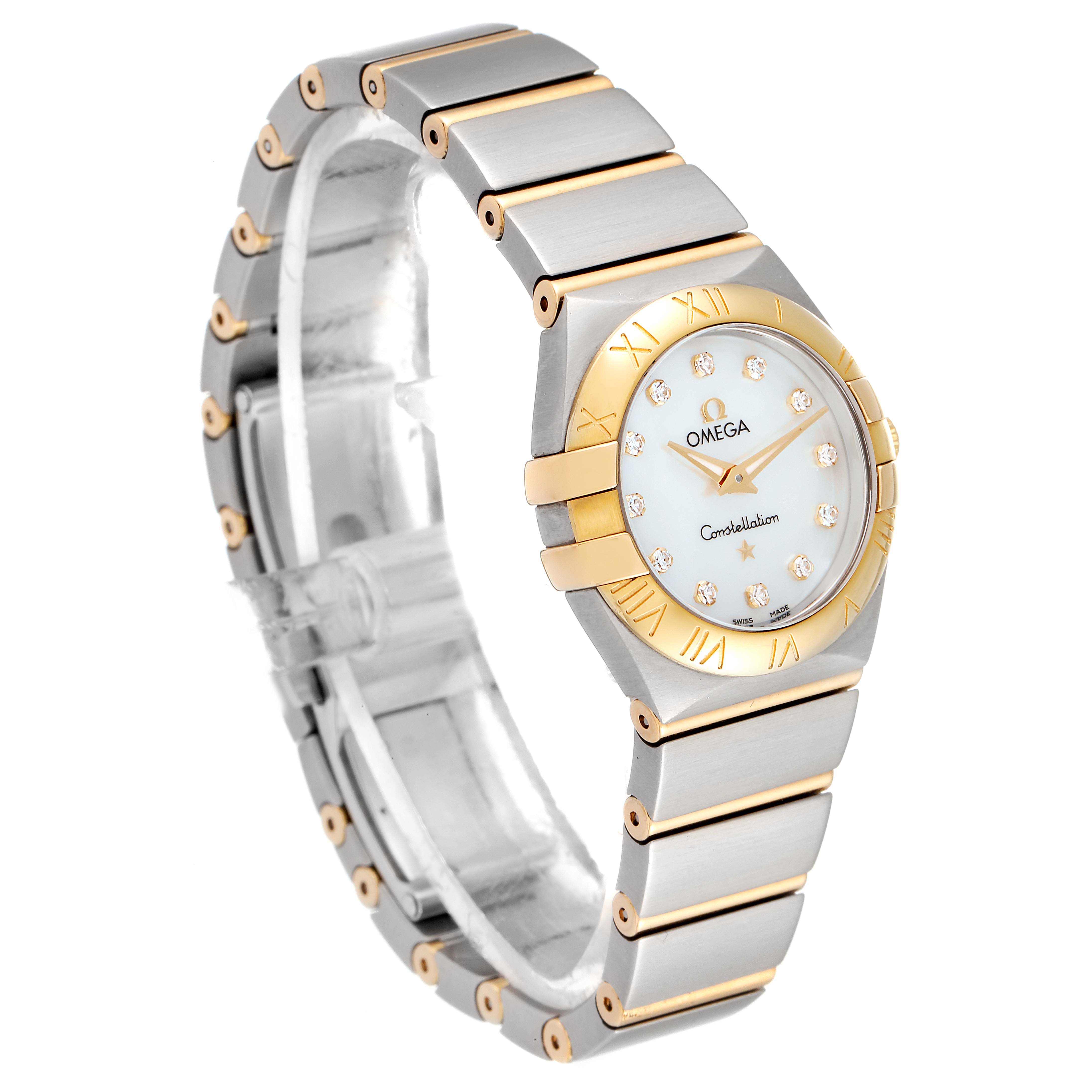 The Omega 123.20.24.60.55.001 Women
s Steel and Gold (two tone) Mother of Pearl Dial 123.20.24.60.55.001 Women
s Steel and Gold (two tone) Mother of Pearl Dial Constellation Steel Gold MOP Diamond Watch 123.20.24.60.55.001 is shown at a 3/4 angle displaying its face and band.
