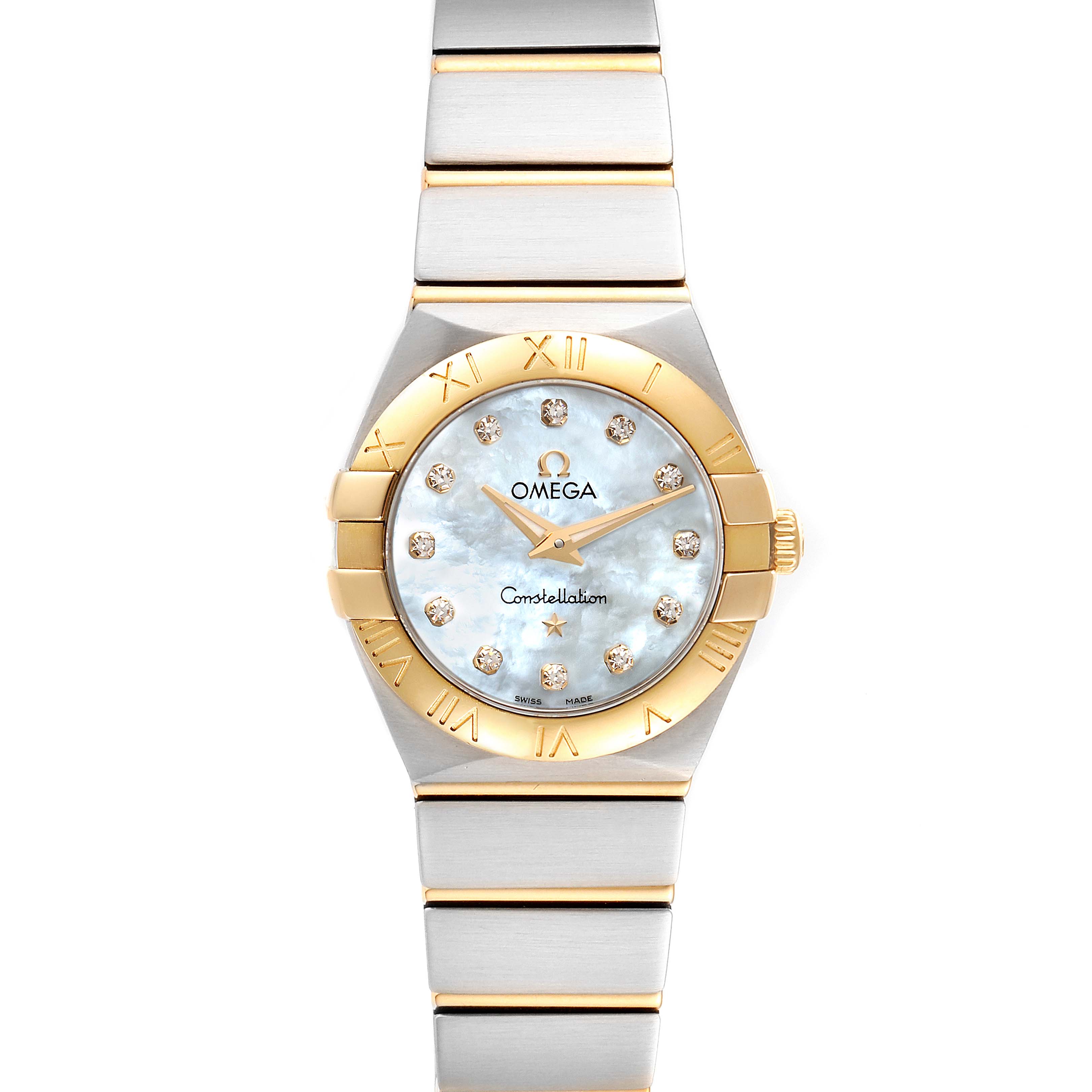 The image shows a front view of the Omega 123.20.24.60.55.001 Women
s Steel and Gold (two tone) Mother of Pearl Dial 123.20.24.60.55.001 Women
s Steel and Gold (two tone) Mother of Pearl Dial Constellation Steel Gold MOP Diamond Watch 123.20.24.60.55.001, displaying its dial and bracelet.