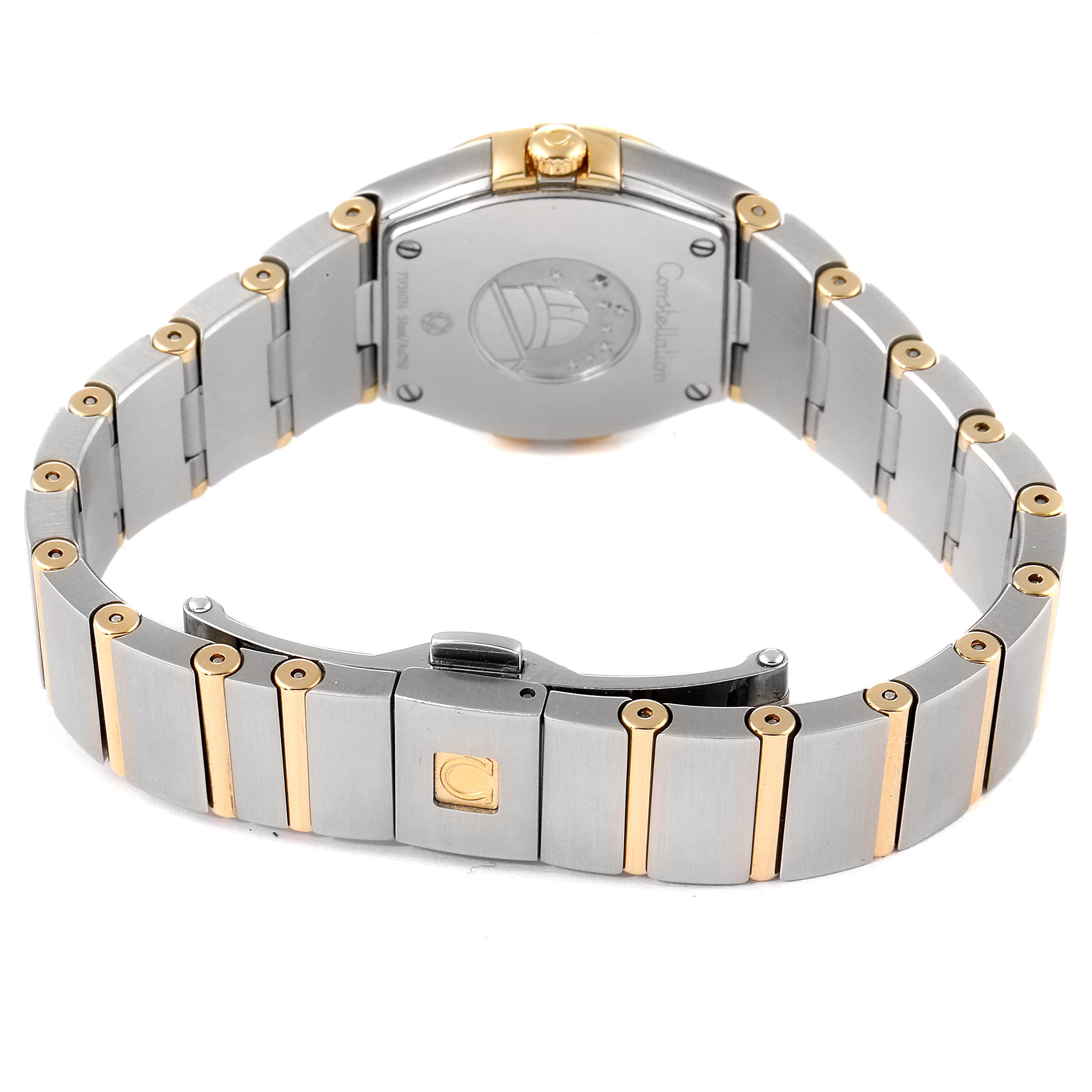 The image shows the back and bracelet of the Omega 123.20.24.60.55.001 Women
s Steel and Gold (two tone) Mother of Pearl Dial 123.20.24.60.55.001 Women
s Steel and Gold (two tone) Mother of Pearl Dial Constellation Steel Gold MOP Diamond Watch model 123.20.24.60.55.001.