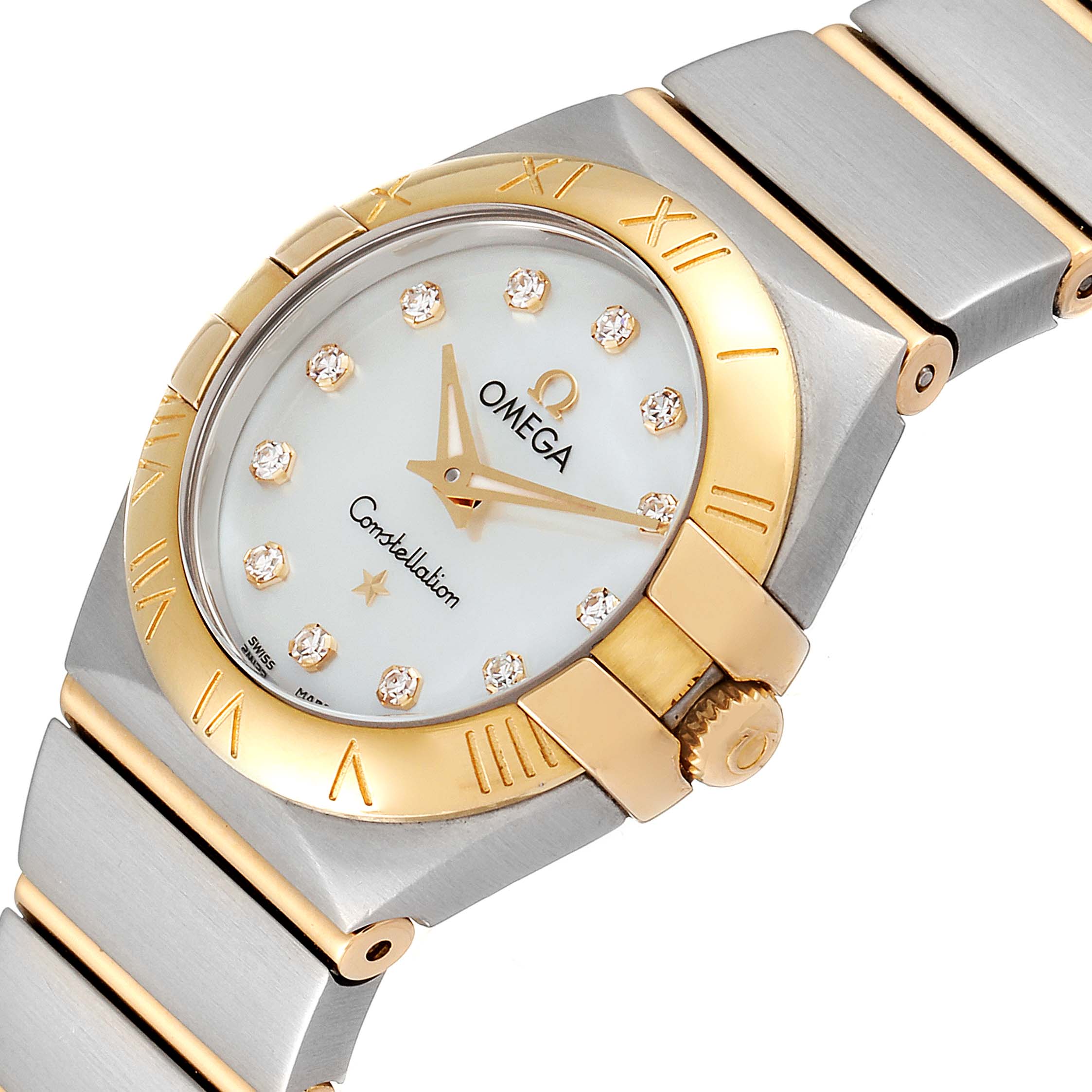 The Omega 123.20.24.60.55.001 Women
s Steel and Gold (two tone) Mother of Pearl Dial 123.20.24.60.55.001 Women
s Steel and Gold (two tone) Mother of Pearl Dial Constellation Steel Gold MOP Diamond Watch 123.20.24.60.55.001 is shown from an angled view, highlighting the dial and part of the bracelet.