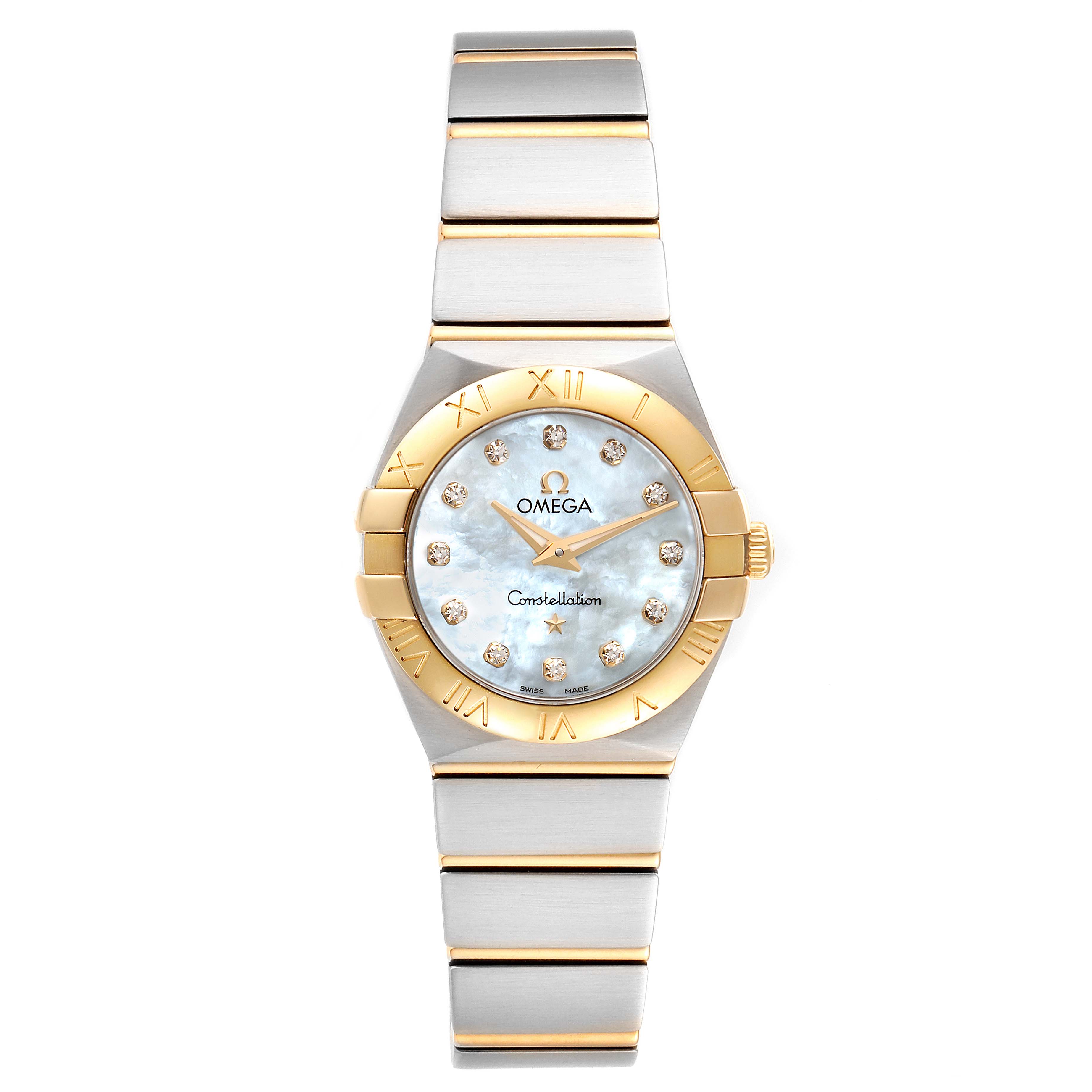 This is a front view of the Omega 123.20.24.60.55.001 Women
s Steel and Gold (two tone) Mother of Pearl Dial 123.20.24.60.55.001 Women
s Steel and Gold (two tone) Mother of Pearl Dial Constellation Steel Gold MOP Diamond Watch model 123.20.24.60.55.001, showing the face, bezel, and bracelet.