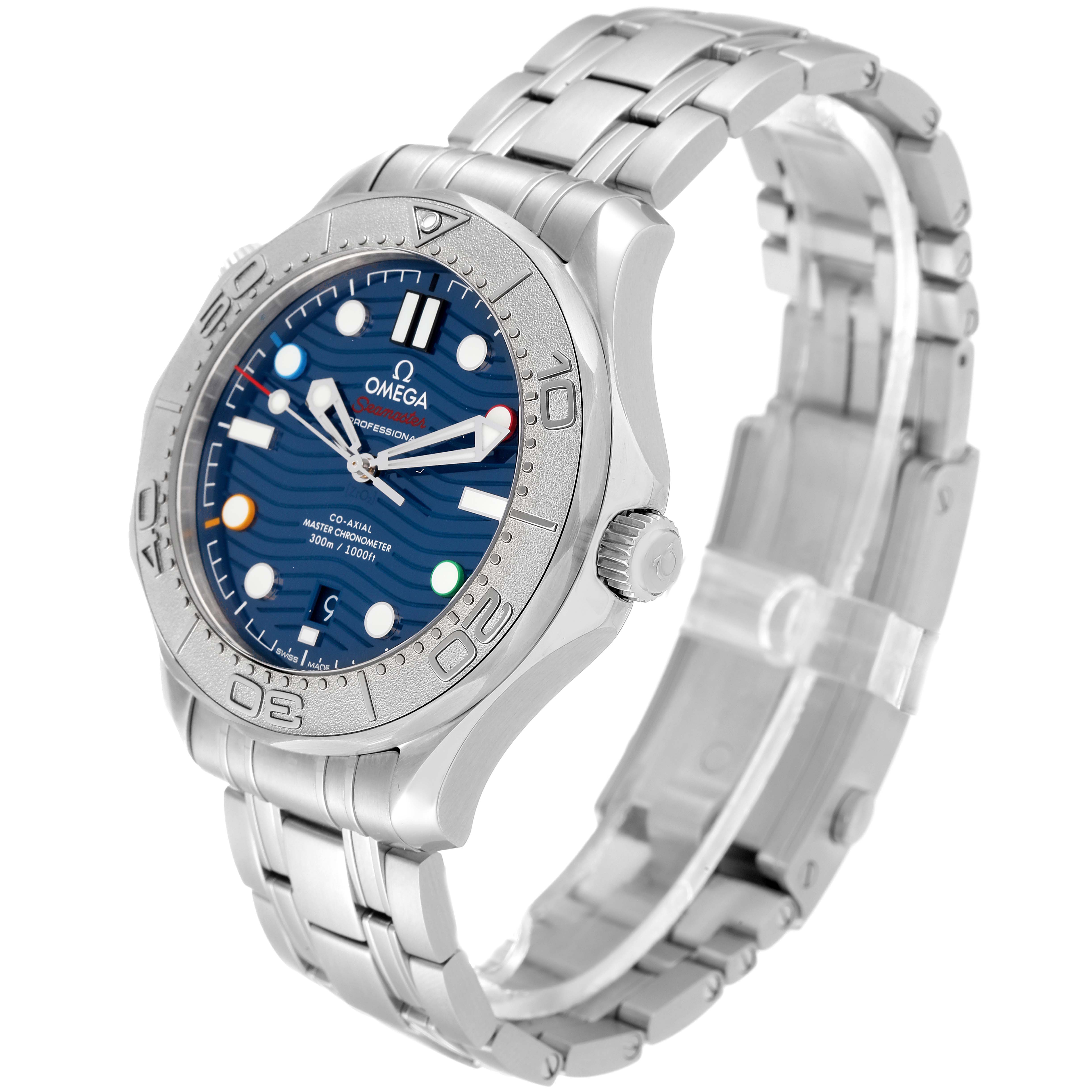 The image shows an Omega Seamaster 522.30.42.20.03.001 Men
s Stainless Steel Blue Dial 522.30.42.20.03.001 Men
s Stainless Steel Blue Dial watch at an oblique angle, highlighting the blue dial, bezel, crown, and metal bracelet.