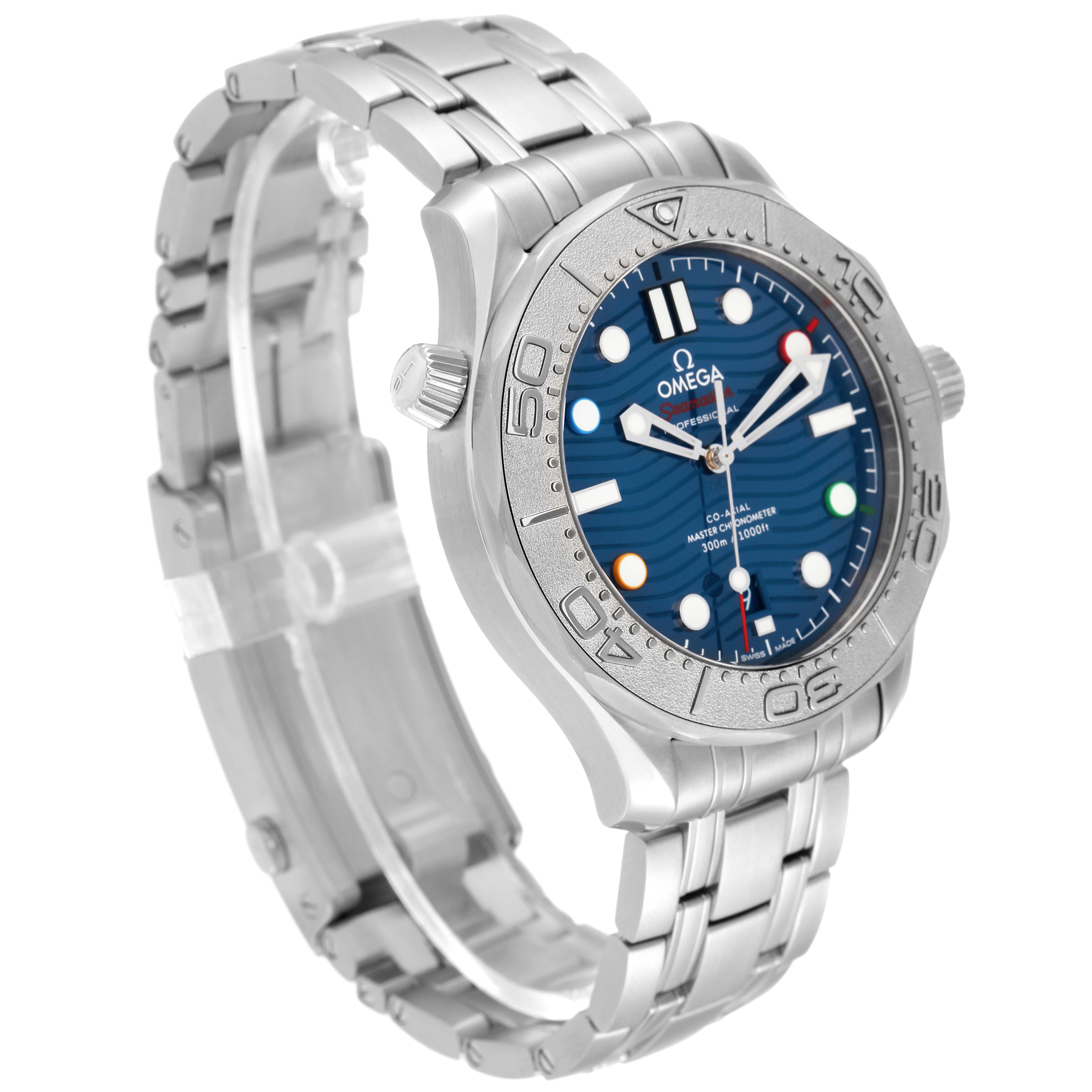 The image shows an angled view of the Omega Seamaster 522.30.42.20.03.001 Men
s Stainless Steel Blue Dial 522.30.42.20.03.001 Men
s Stainless Steel Blue Dial watch with a metal bracelet, bezel, and blue dial.
