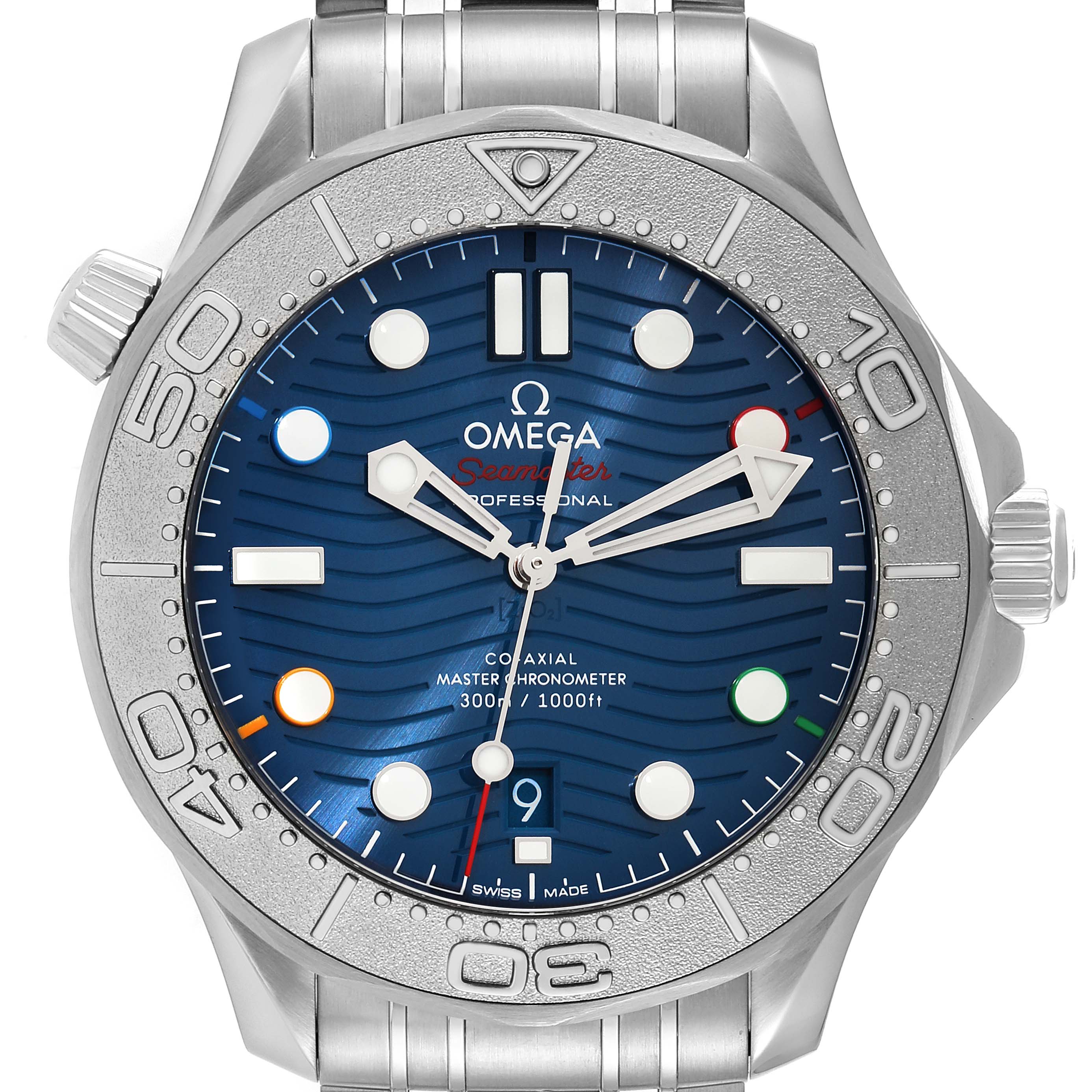 The image shows a front view of the Omega Seamaster 522.30.42.20.03.001 Men
s Stainless Steel Blue Dial 522.30.42.20.03.001 Men
s Stainless Steel Blue Dial watch, highlighting the dial, hands, bezel, and part of the bracelet.