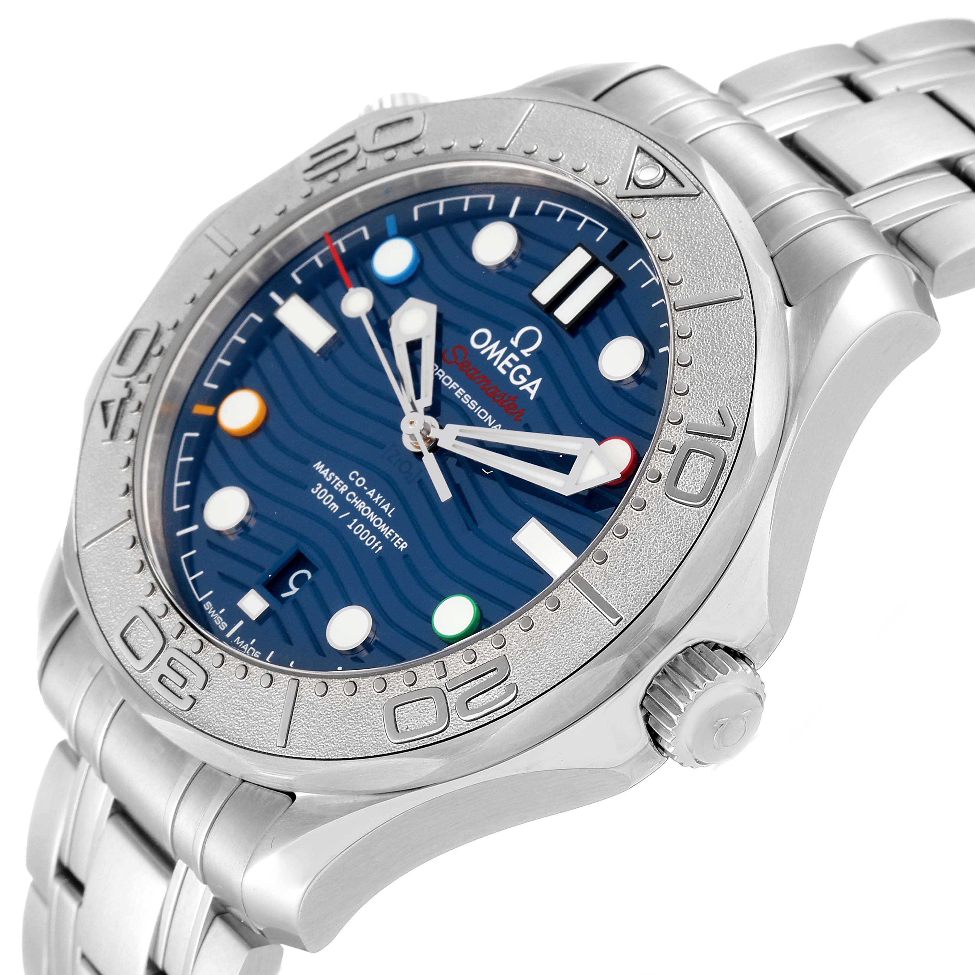 The image shows a close-up side angle of the Omega Seamaster 522.30.42.20.03.001 Men
s Stainless Steel Blue Dial 522.30.42.20.03.001 Men
s Stainless Steel Blue Dial watch, highlighting the dial, bezel, crown, and bracelet.