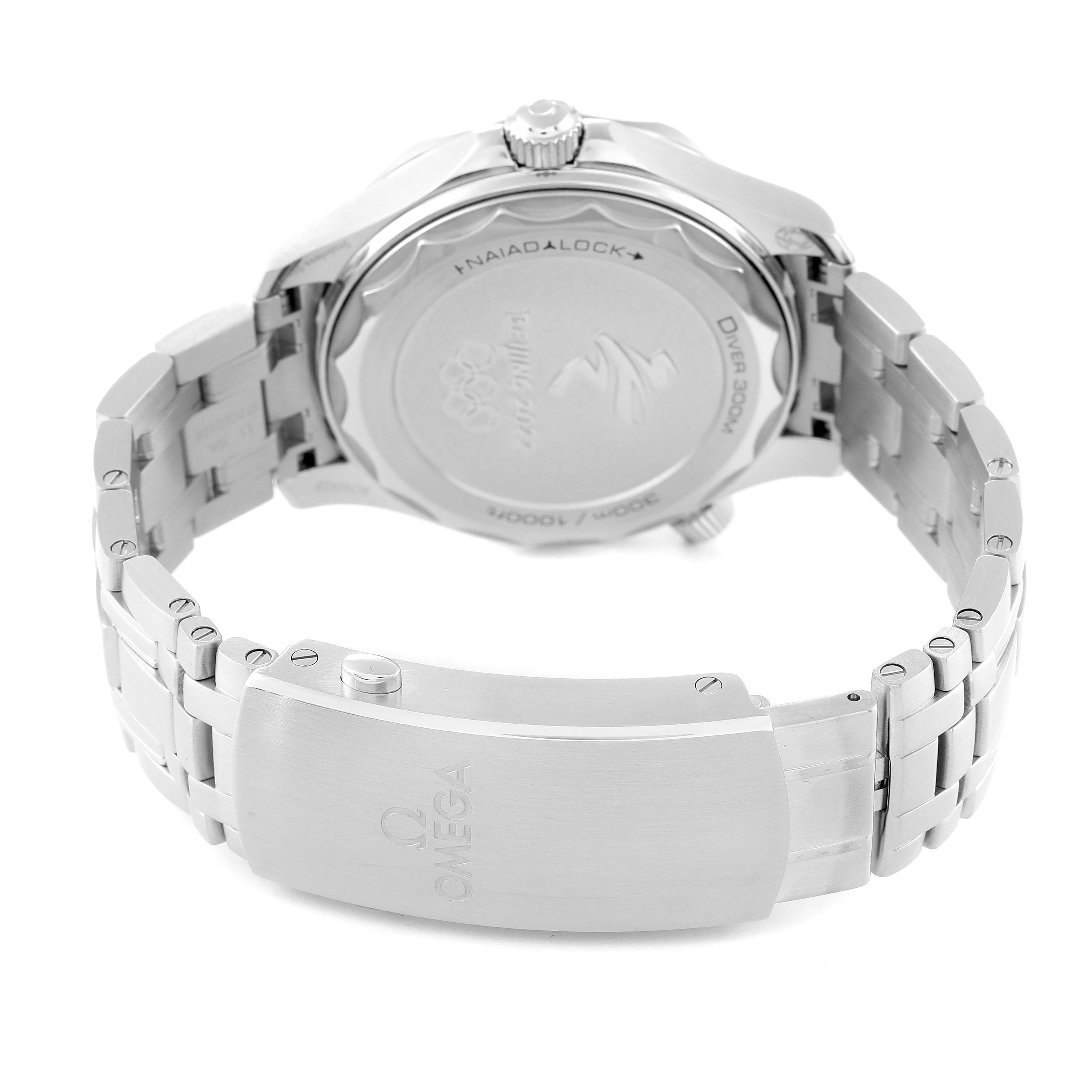 The image shows the back case and clasp of an Omega Seamaster 522.30.42.20.03.001 Men
s Stainless Steel Blue Dial 522.30.42.20.03.001 Men
s Stainless Steel Blue Dial watch with a focus on its metal bracelet.