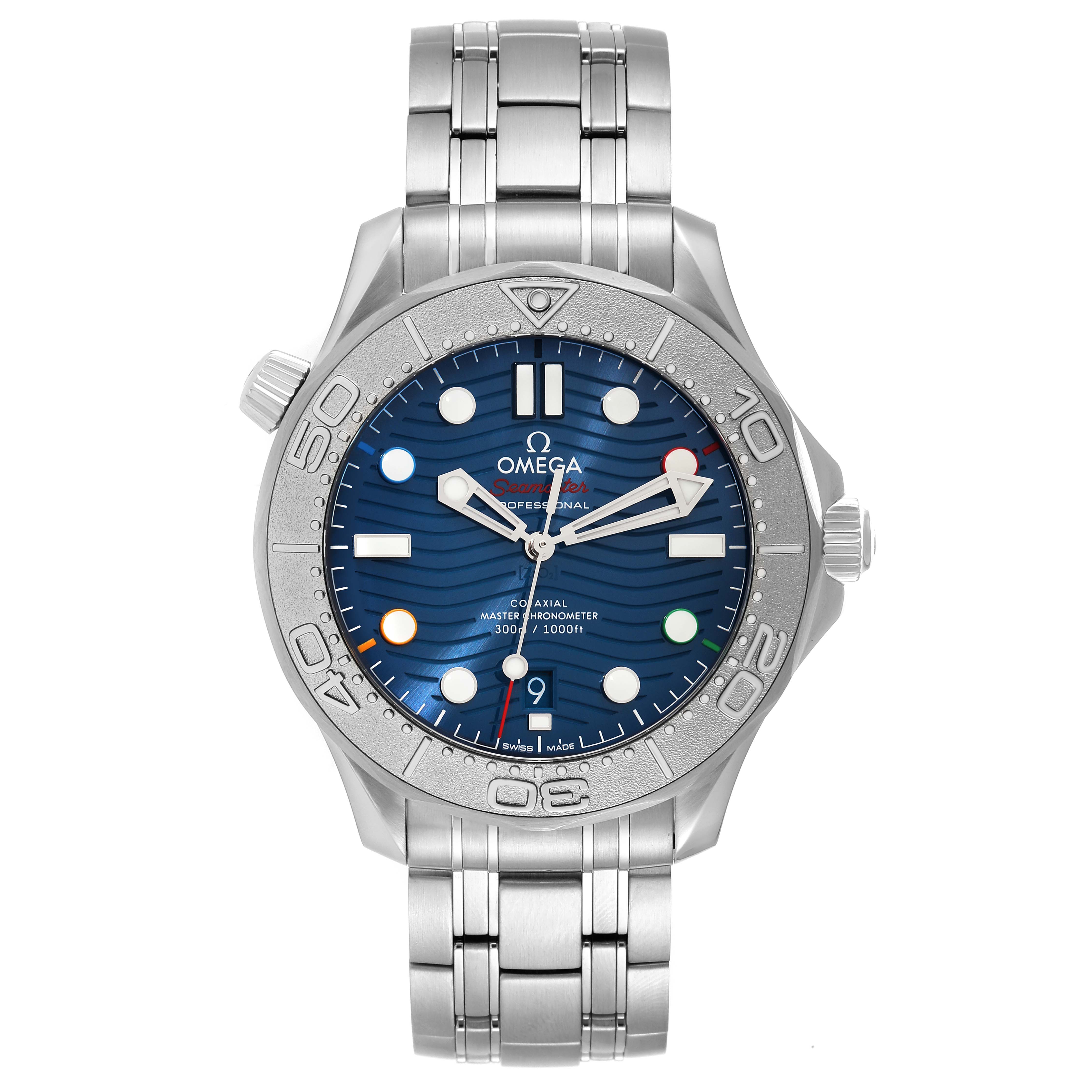 This is an Omega Seamaster 522.30.42.20.03.001 Men
s Stainless Steel Blue Dial 522.30.42.20.03.001 Men
s Stainless Steel Blue Dial watch, shown from the front, highlighting the face, bezel, crown, and stainless steel bracelet.