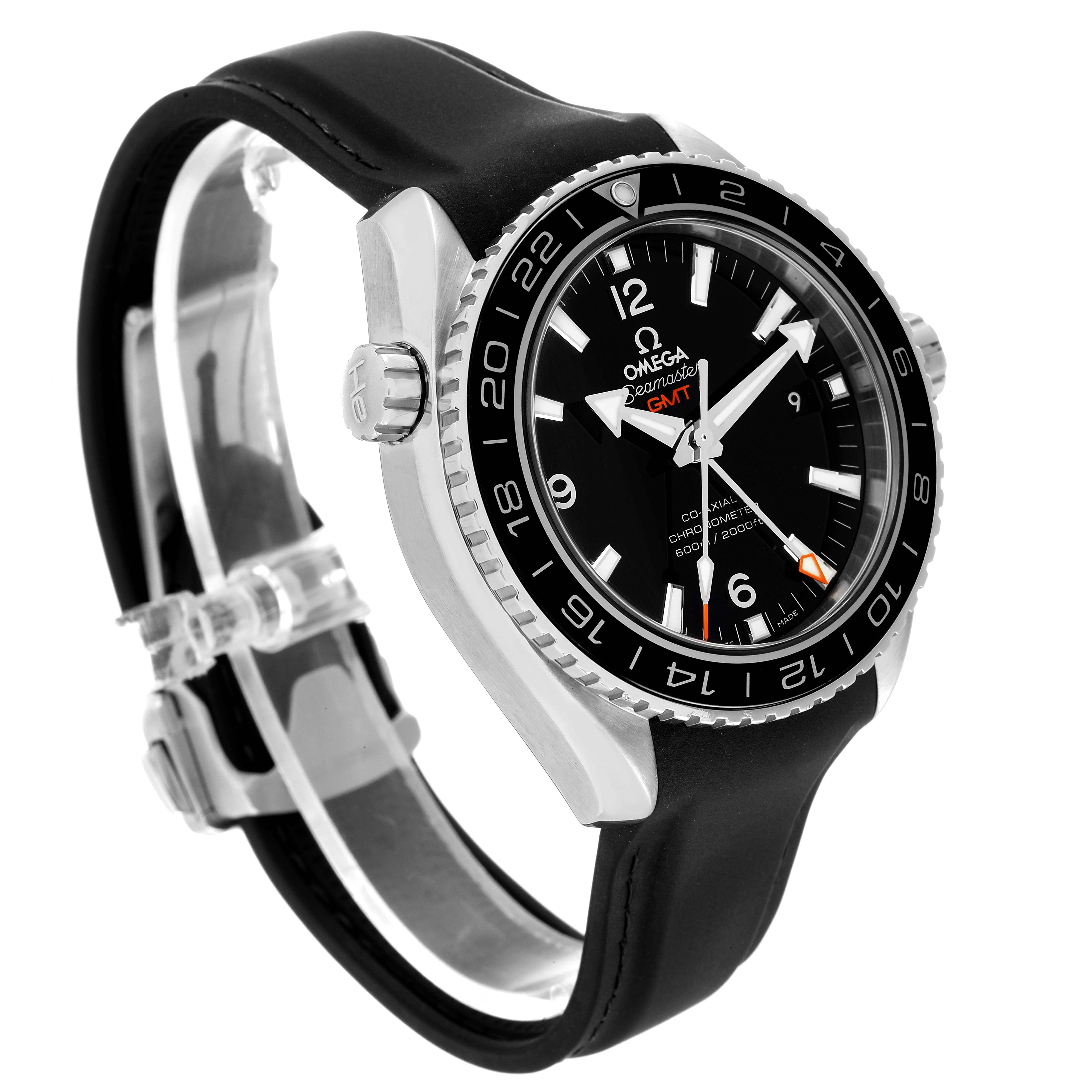 The Omega Planet Ocean 232.30.44.22.01.001 Men's Stainless Steel Black Dial 232.30.44.22.01.001 Men's Stainless Steel Black Dial watch is shown at an angled front view, displaying its face, bezel, crown, and black strap.