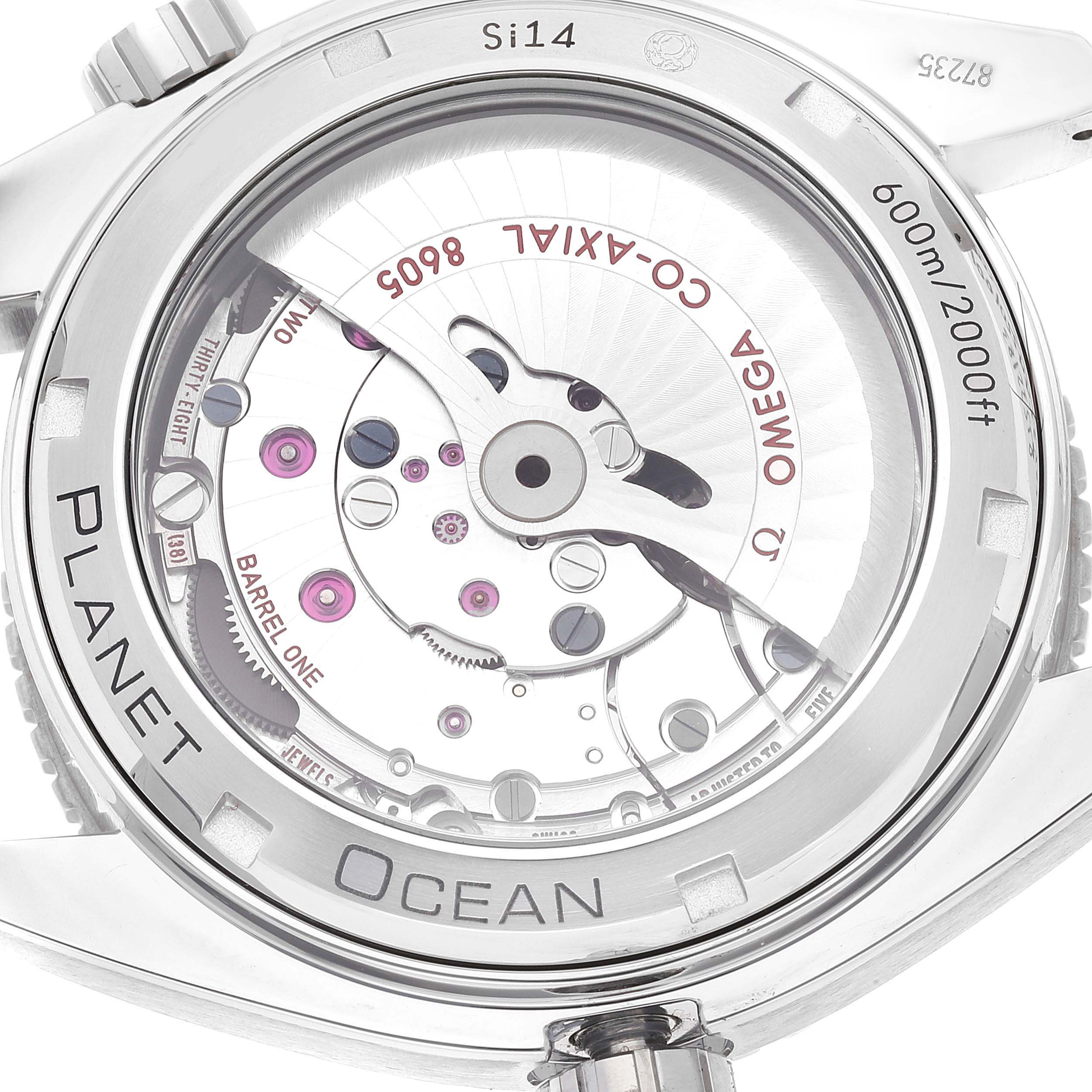 The image shows the back view of the Omega Planet Ocean 232.30.44.22.01.001 Men's Stainless Steel Black Dial 232.30.44.22.01.001 Men's Stainless Steel Black Dial watch, displaying its internal movement and mechanisms.