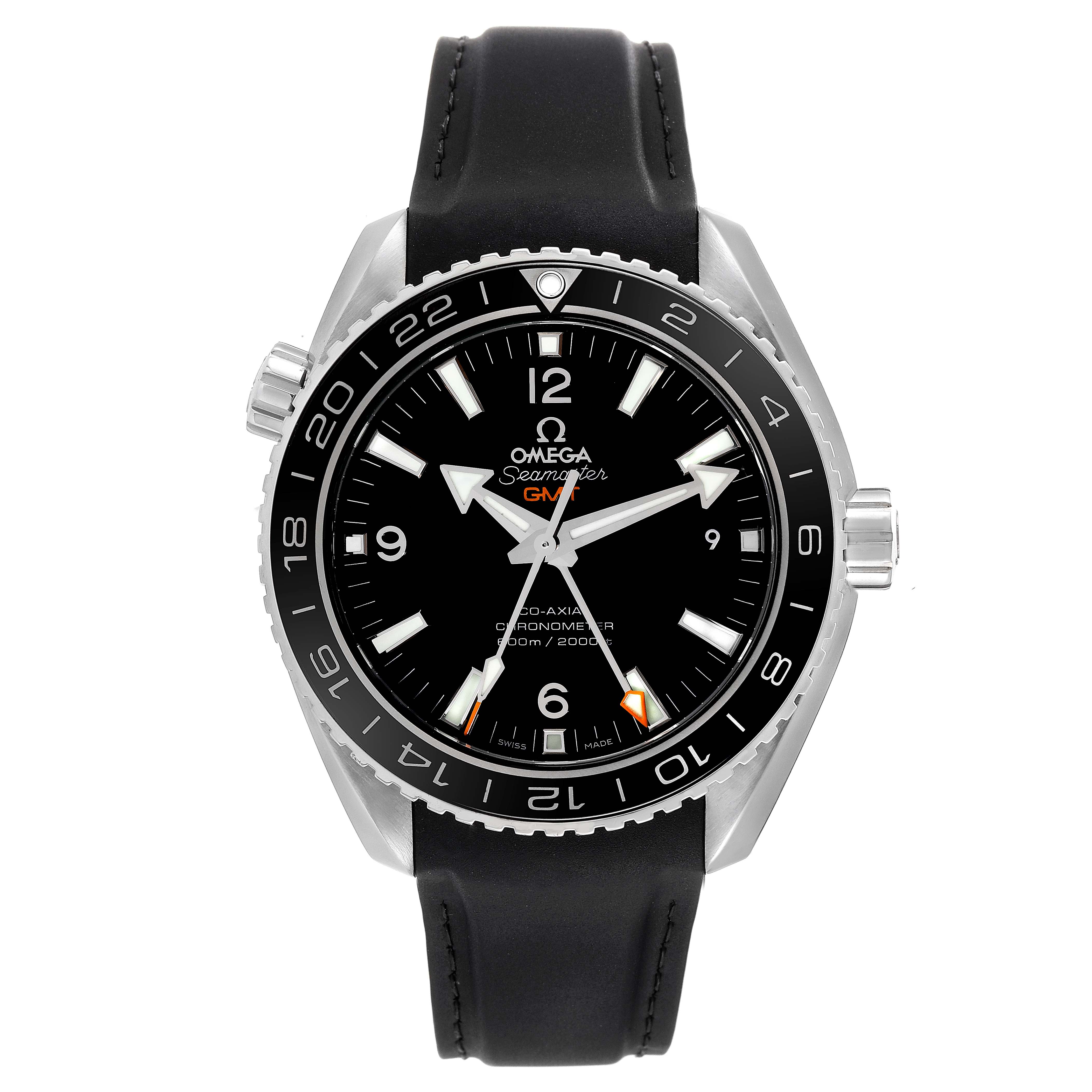 The Omega Planet Ocean 232.30.44.22.01.001 Men's Stainless Steel Black Dial 232.30.44.22.01.001 Men's Stainless Steel Black Dial watch is shown from the front, displaying its black face, bezel, and black strap.