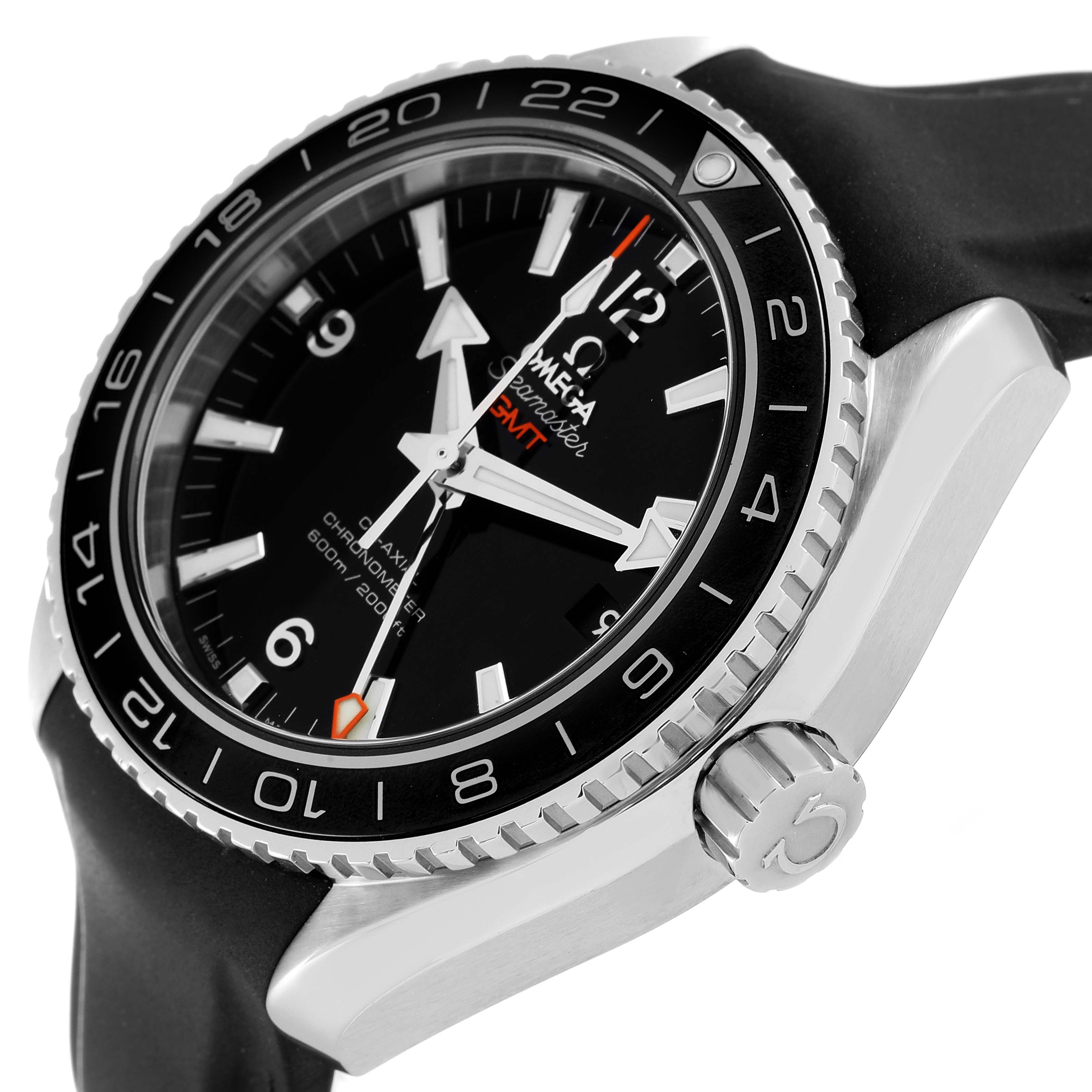 The Omega Planet Ocean 232.30.44.22.01.001 Men's Stainless Steel Black Dial 232.30.44.22.01.001 Men's Stainless Steel Black Dial watch is shown at an angled side view, highlighting the bezel, crown, and part of the strap.