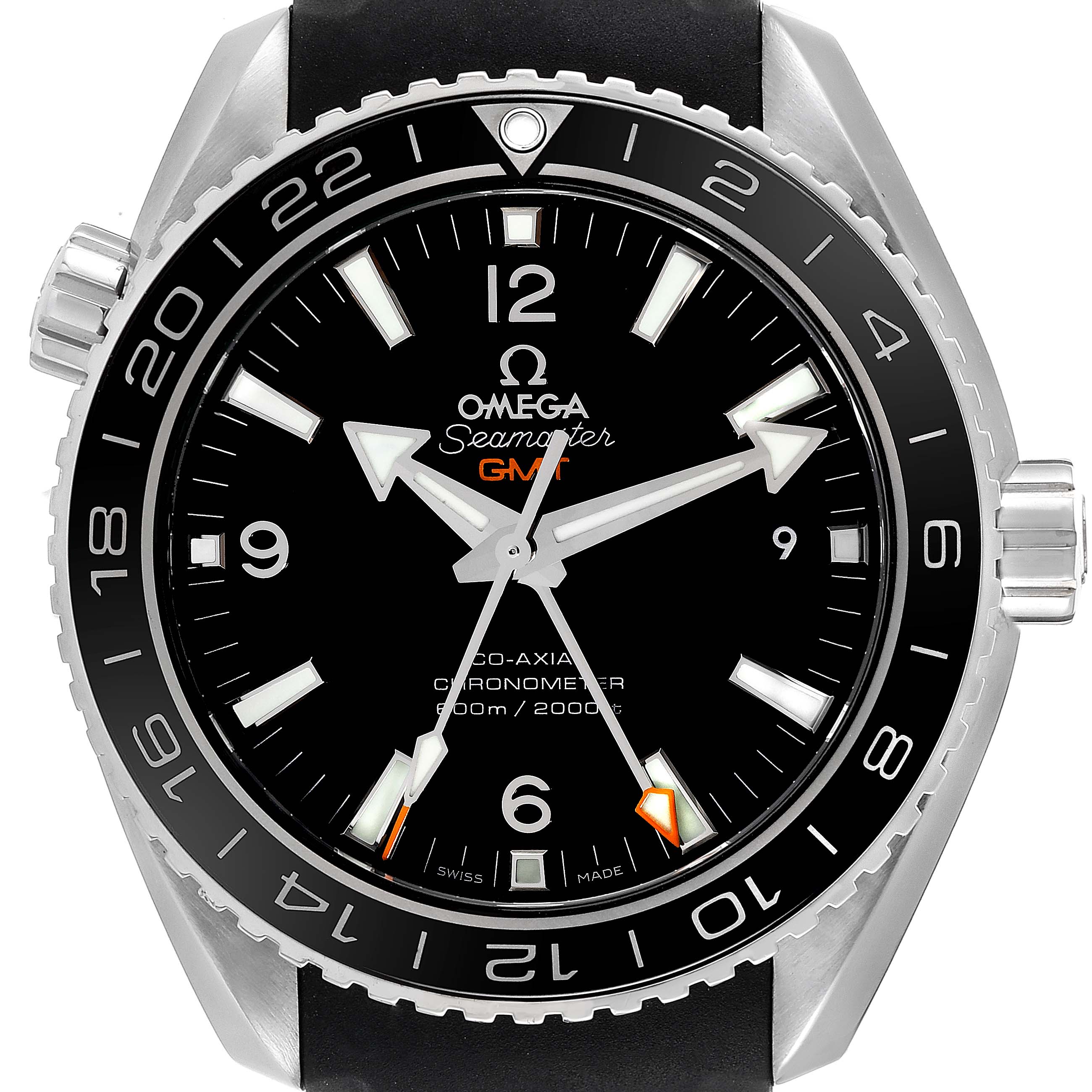 The image shows a front view of the Omega Planet Ocean 232.30.44.22.01.001 Men's Stainless Steel Black Dial 232.30.44.22.01.001 Men's Stainless Steel Black Dial watch, highlighting the dial, bezel, and crown.