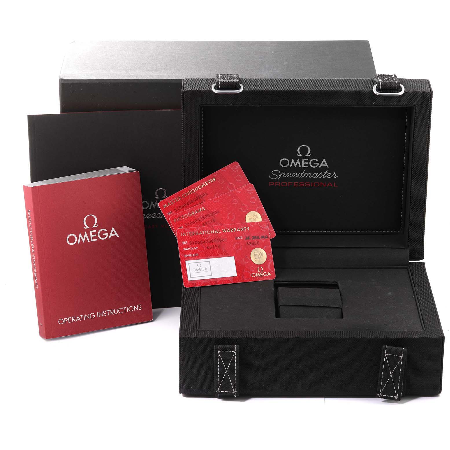 This image shows an Omega Speedmaster 310.60.42.50.01.001 Men's Rose Gold Black Dial 310.60.42.50.01.001 Men's Rose Gold Black Dial watch box, a red manual, and warranty cards.